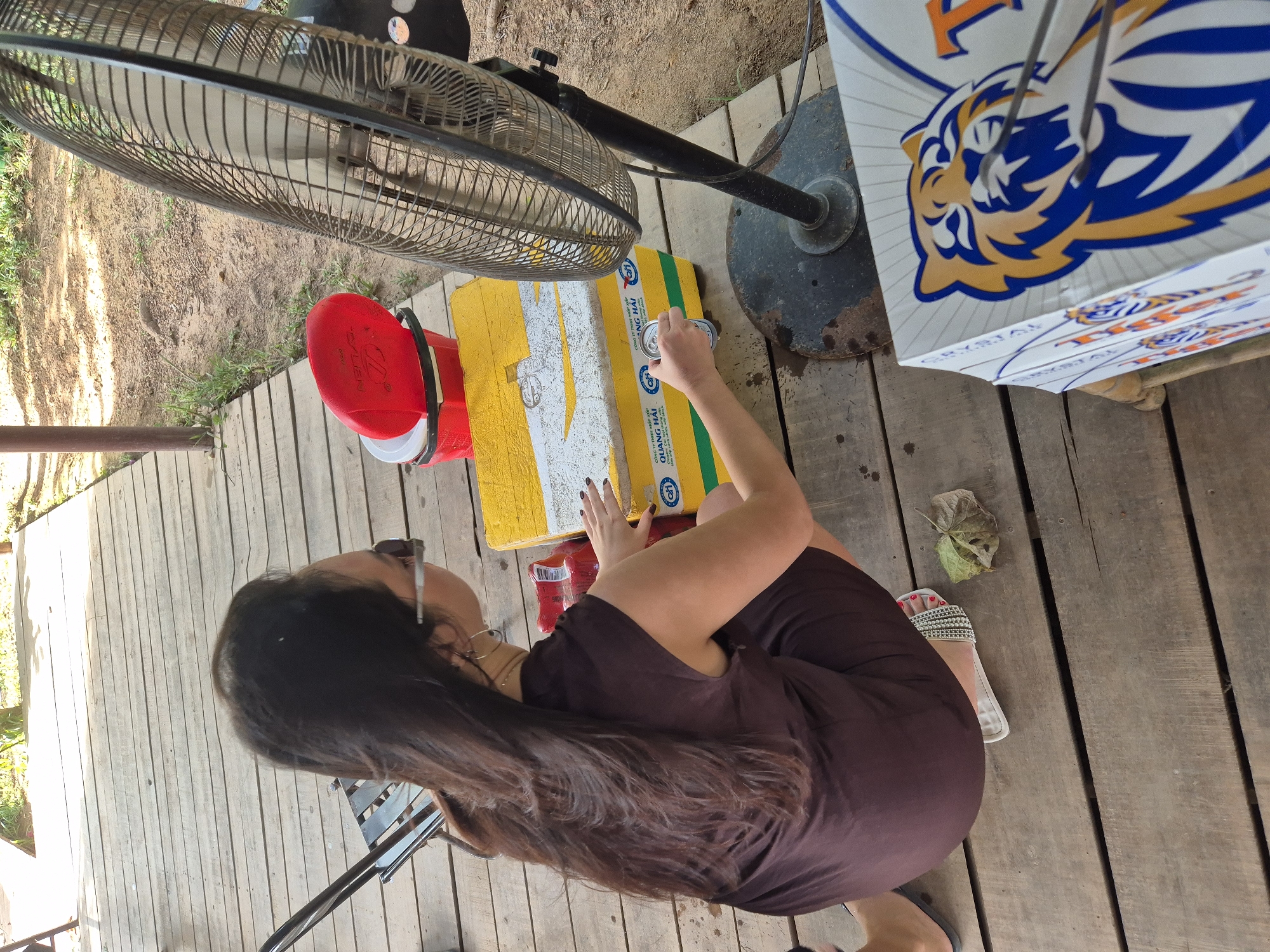 A woman with long, dark hair and sunglasses is crouching on a wooden deck. She is wearing a dark brown dress and sandals. She is reaching for a can of beer that is on top of a yellow and white cooler. A large industrial fan is standing to the right of the cooler. In the foreground, there is a cardboard box with a tiger design on it. The background shows dirt, grass, and some trees. This scene appears to be outdoors, possibly in Đà Nẵng, Vietnam, given the presence of a cooler labeled "QUANG HAI" and the general outdoor environment.