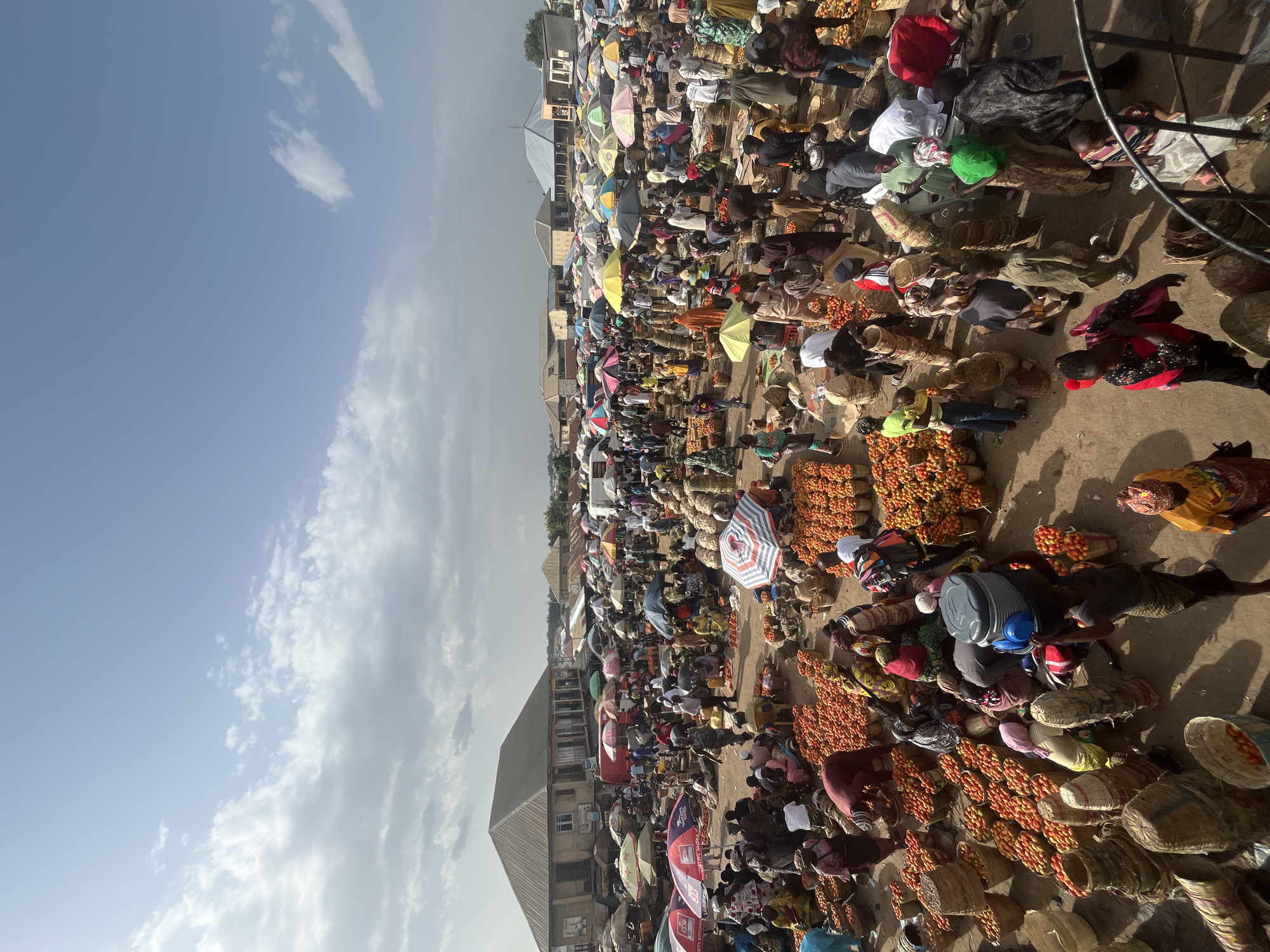 The image captures a bustling open-air market in Rafin Par, Nigeria, under a partly cloudy sky. The scene is dominated by numerous people engaged in various activities, primarily centered around the sale of agricultural produce, with large quantities of tomatoes prominently displayed in baskets.
The market is densely populated with individuals of diverse ages, wearing a variety of traditional and modern attire. Many are seen interacting, either as vendors displaying their goods, customers browsing or making purchases, or porters transporting items. The atmosphere appears active and lively, with a sense of commerce and community.
A significant visual element is the abundance of woven baskets filled with bright red tomatoes, creating a vibrant sea of produce. Various market stalls and makeshift setups are visible, some shaded by colorful umbrellas and tarps, offering protection from the sun. In the background, buildings with corrugated iron roofs suggest the urban setting of the market.
The ground is a dusty, sandy surface, characteristic of many outdoor markets. The overall impression is one of a busy marketplace in full swing, where economic activities and social interactions converge.