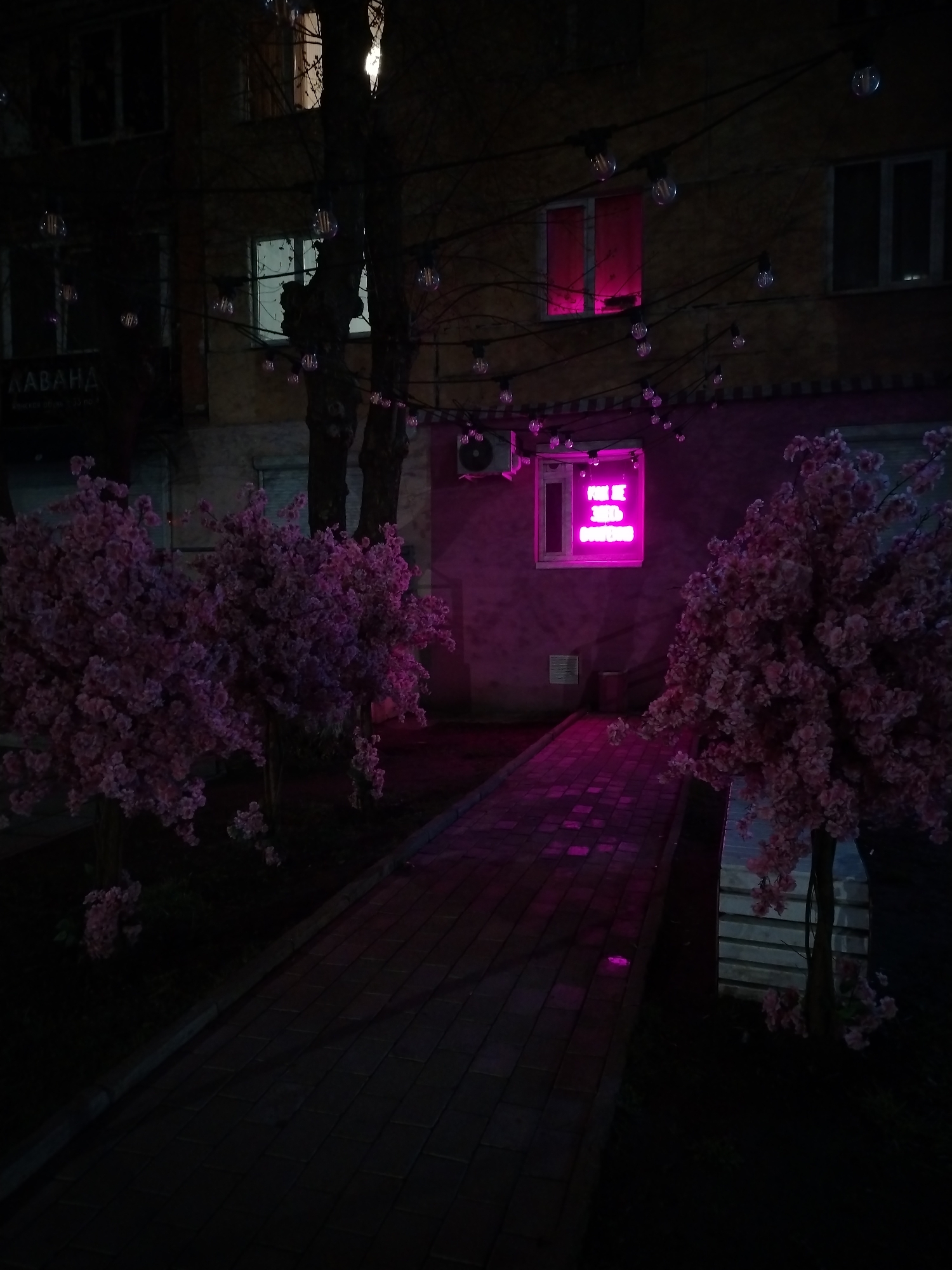 The image depicts a night scene in Izhevsk, Russia. A brick walkway illuminated with pink light leads towards a building with a neon sign that reads "Мне не здесь спокойно" ("I am not calm here"). Two cherry blossom trees are positioned on either side of the walkway. String lights hang above. The building has windows, some lit with pink light. There is an air conditioning unit mounted on the wall near the neon sign.