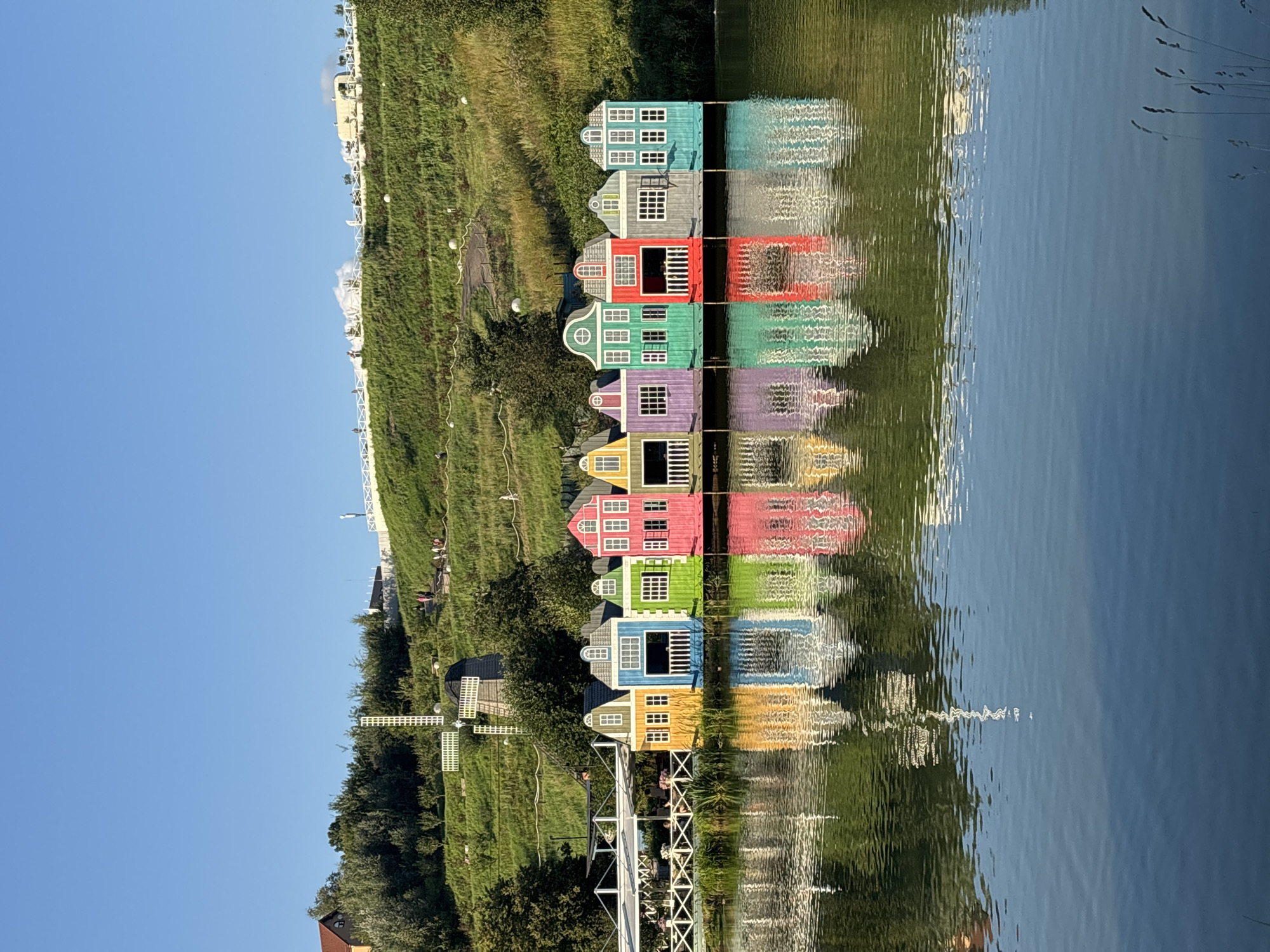This is a photograph of a row of brightly colored, miniature houses situated on a body of water, likely a lake or canal, in the city of Romashkovo, Russia. The houses are arranged in a line, each painted a distinct color: yellow, purple, green, pink, red, gray, and turquoise. They are designed in a whimsical, dollhouse-like style with pitched roofs and white-trimmed windows.
In the background, a green, grassy hill rises, dotted with trees. A traditional wooden windmill stands on the hillside. A white fence runs along the top of the hill, and in the far distance, a white structure with antennas is visible. The sky is a clear, bright blue. The houses are reflected in the calm water, creating a mirror image of the colorful scene. The foreground is dominated by the water's surface, which shows gentle ripples. Several blades of dry grass are visible in the bottom right corner of the image. There are no people clearly visible in the scene.