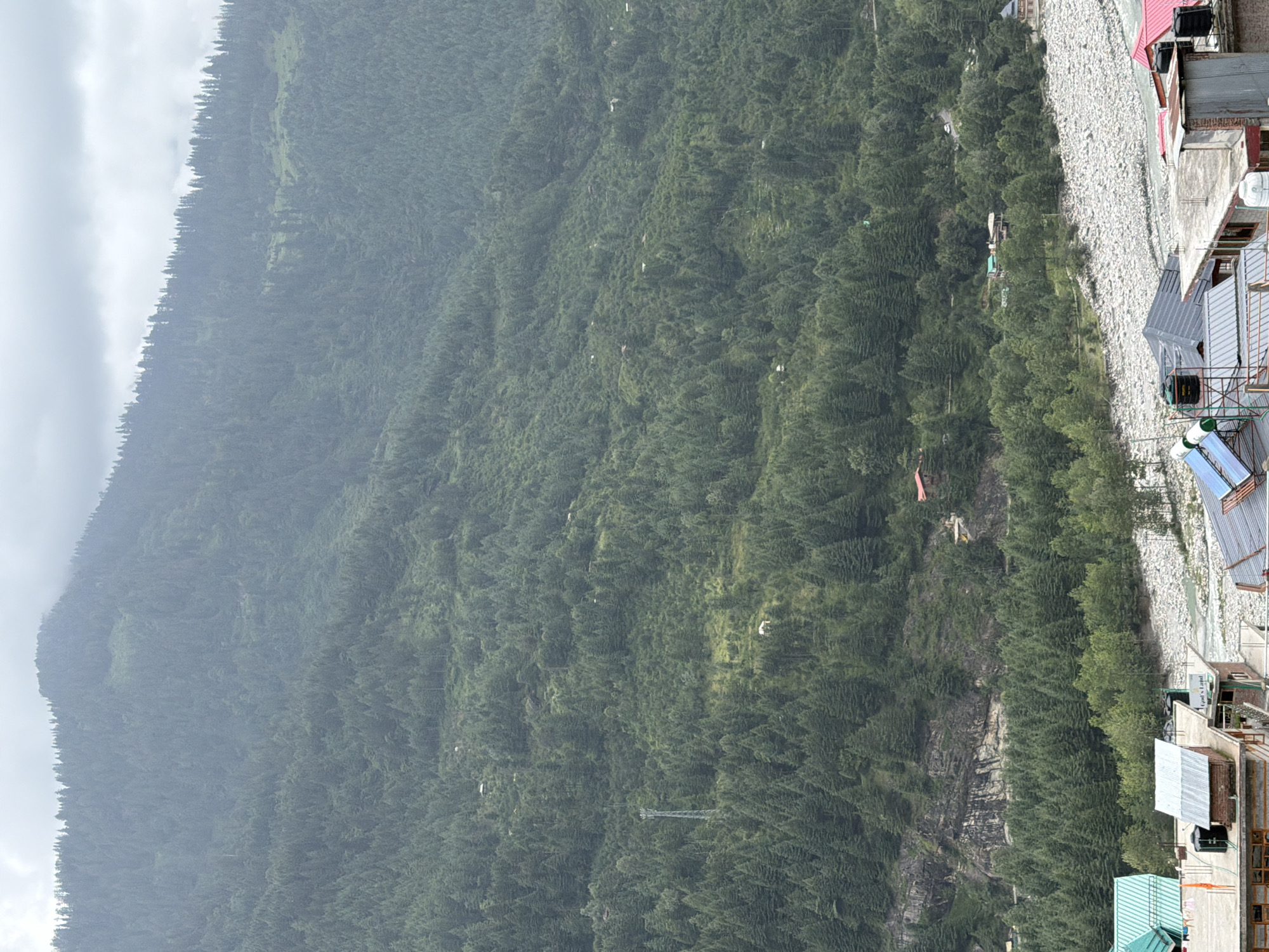 This is a photograph of a mountainous landscape in the city of Vashisht, India. The image is dominated by a steep, densely forested mountainside covered in evergreen trees. Small, scattered buildings are visible nestled amongst the trees on the slopes. In the foreground, a rocky riverbed and several buildings with corrugated metal and tiled roofs are present. The sky is overcast with clouds.