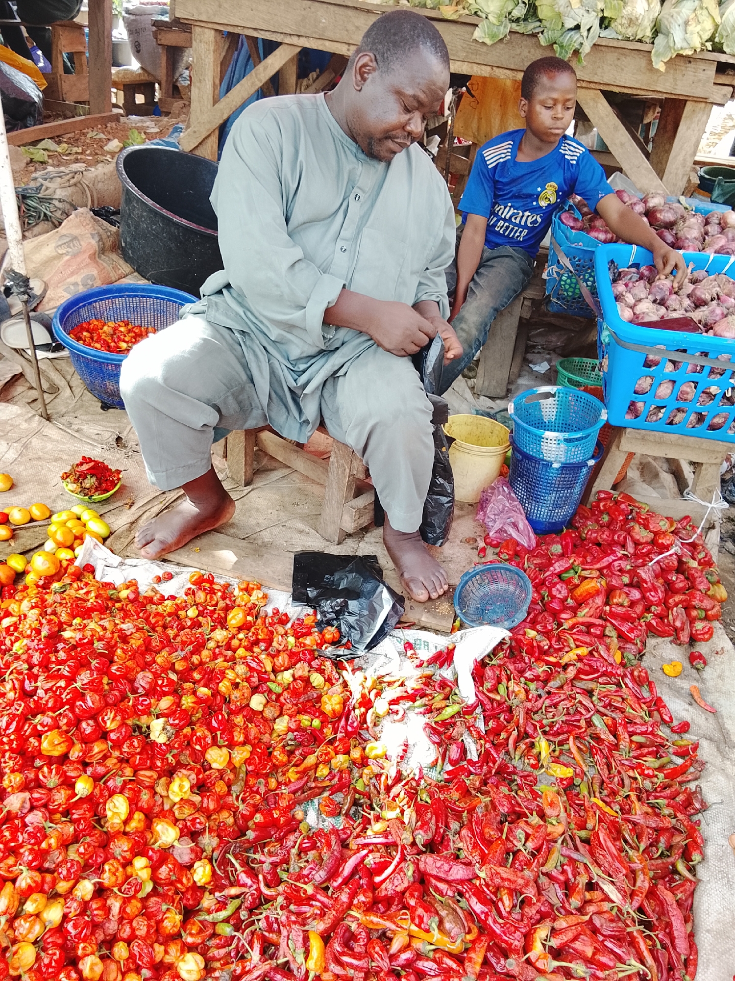 The image depicts a market scene in Akwanga, Nigeria. An adult man in a grey tunic sits barefoot on a wooden stool, focused on an object in his hands. Beside him, a child in a blue Real Madrid soccer jersey sits on a bench, sorting through red onions in a blue plastic basket. In front of the man are two large piles of peppers: one predominantly round and red/orange, the other long and red. Blue plastic baskets are scattered around, some containing peppers. There are also some tomatoes, a small yellow bucket, and other unidentified items in the scene. A wooden structure is visible in the background.