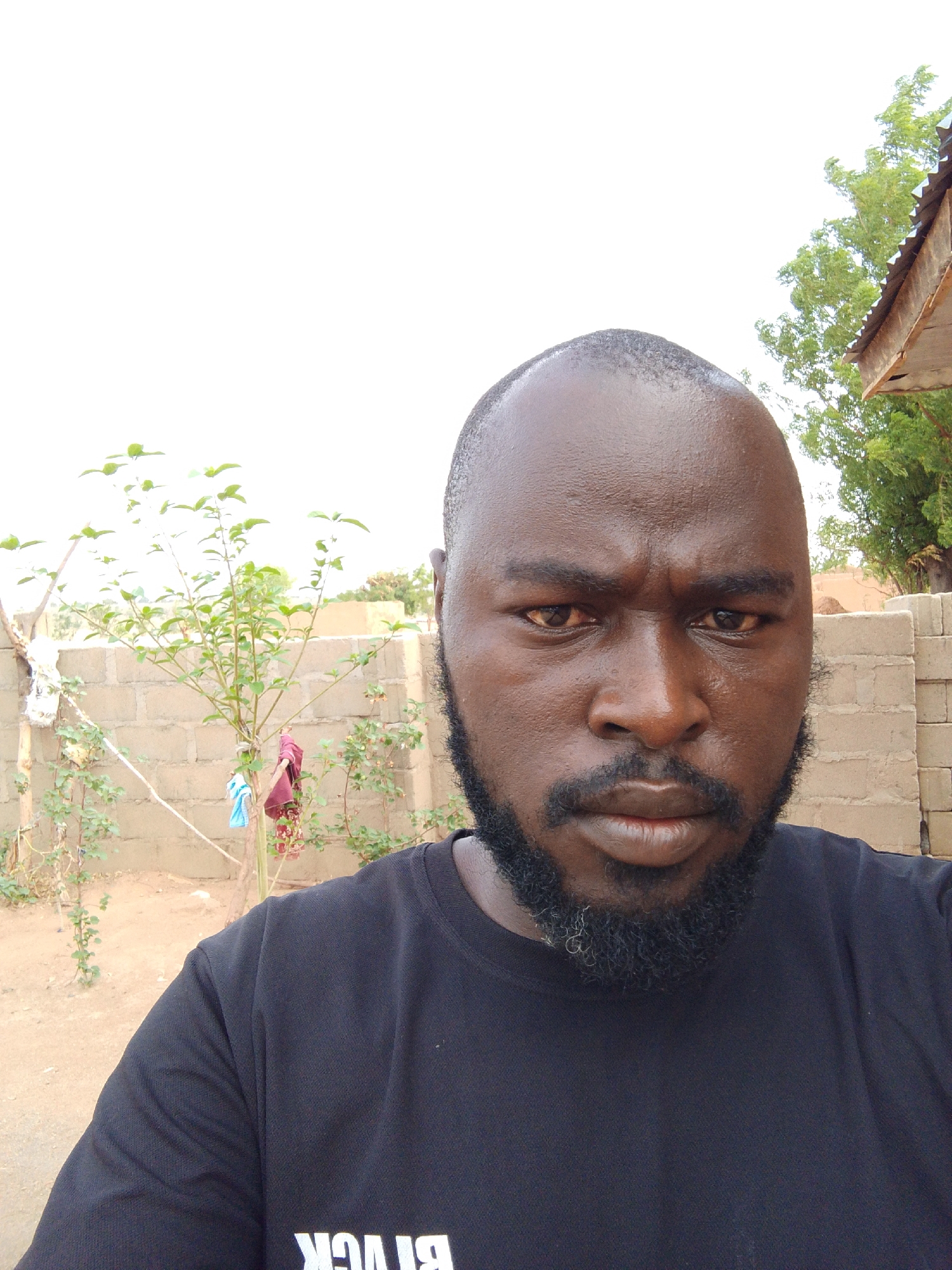 A close-up selfie shows a man with dark skin, a shaved head, and a full beard. He wears a black t-shirt. The background includes a beige brick wall, a small tree with green leaves, and a hint of other greenery and a structure with a corrugated roof. Based on the request, the location is presumed to be Mulke Barikin Sayejo, Nigeria, though this cannot be confirmed from the image alone. The man's expression is serious, with furrowed brows.