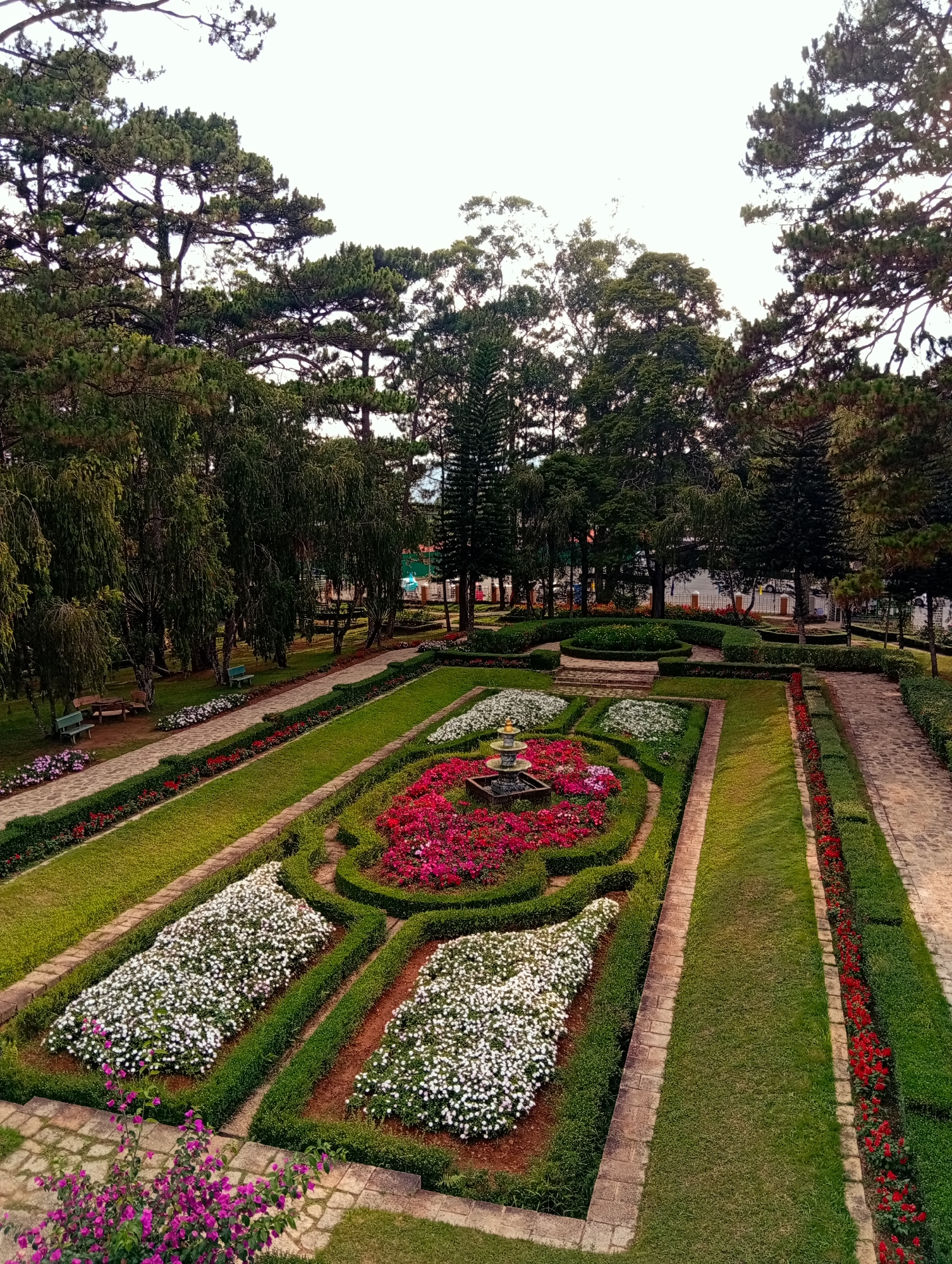 The image shows a formal garden in Da Lat, Vietnam. The garden features geometric flower beds filled with red and white flowers, separated by manicured green hedges. A tiered fountain stands in the center of the primary flower bed. Stone pathways run alongside the flower beds. The garden is surrounded by tall trees, including pine trees. Benches are visible along a pathway in the background. The sky is overcast.