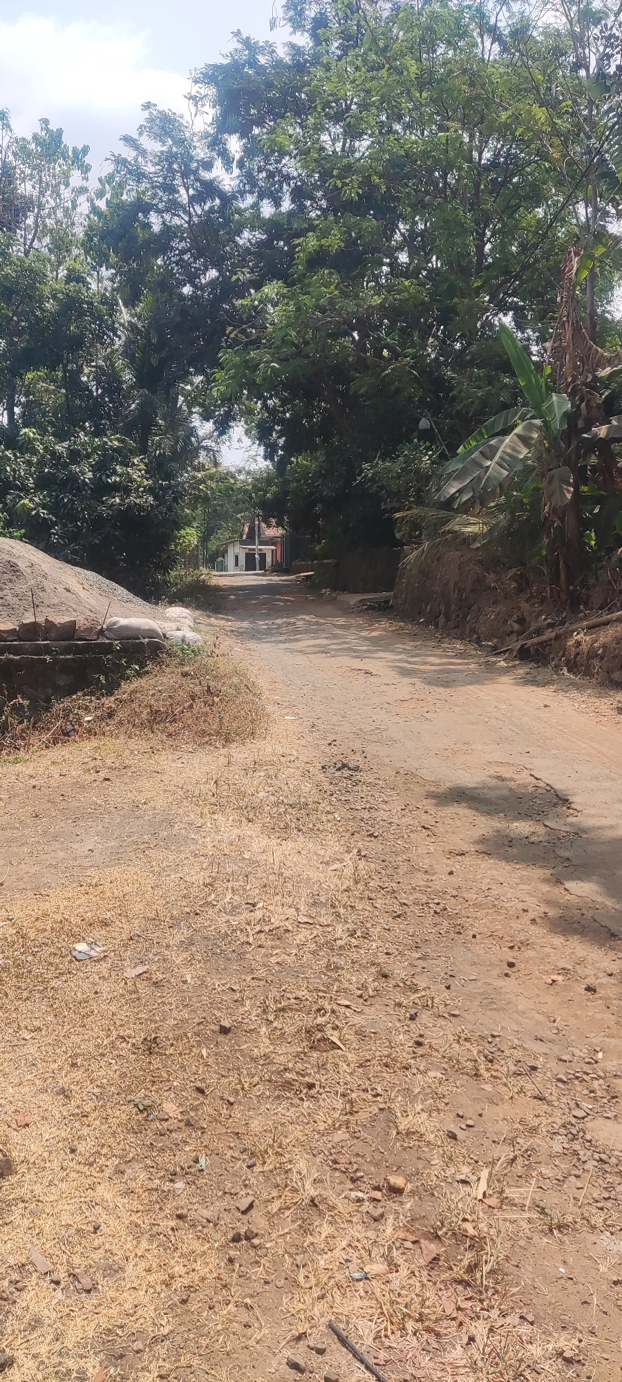 The image depicts a rural road in Panongan Lor, Indonesia, flanked by lush vegetation and trees. The road itself is unpaved, appearing to be made of dirt and gravel, with some areas showing signs of wear and tear, including potholes and cracked surfaces. On the left side of the road, a pile of sand or gravel is visible, along with some sacks, suggesting construction or road maintenance activity. In the distance, a small, white building with a red roof can be seen, nestled amongst the trees. The sky above is partly cloudy, with a bright sun casting shadows on the road. The overall scene conveys a sense of a quiet, undeveloped area, characteristic of rural Indonesia.