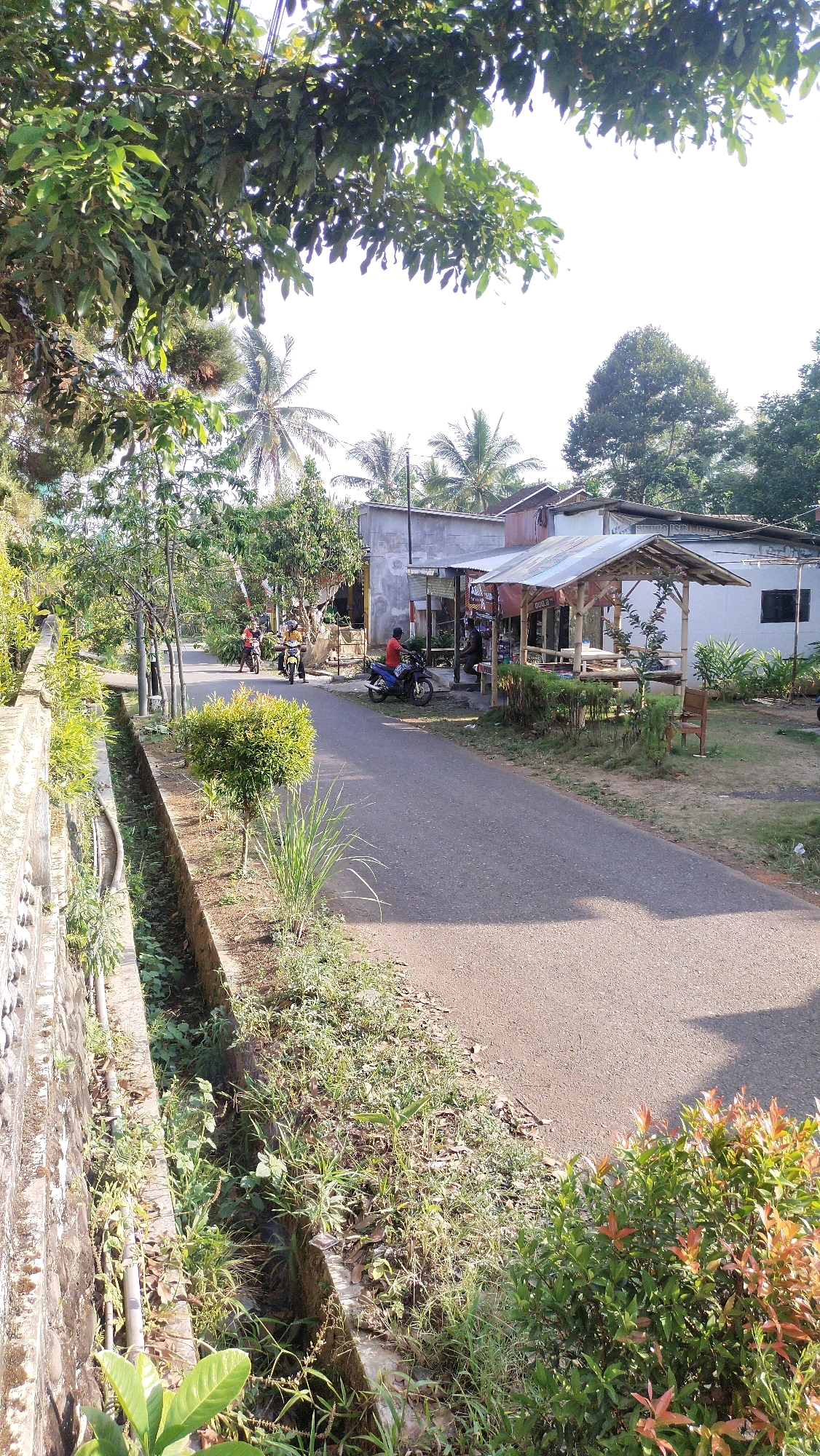 The image depicts a street scene in Klungkung, Indonesia. A paved road runs through the middle of the frame, with a narrow concrete drainage ditch alongside it on the left. The ditch is overgrown with various types of vegetation. On the right side of the road, there's a small open-air stall with a tin roof supported by bamboo poles. Several people are present. A person in a red shirt is sitting at the stall, and another person is standing behind it. A blue motorcycle is parked in front of the stall. Further down the road, two motorcycles are approaching, one yellow and one red, each with a rider. The scene is framed by lush green foliage and trees, including palm trees, suggesting a tropical environment. The sky is bright, indicating daylight. The buildings in the background appear to be simple structures, some with corrugated metal roofs.