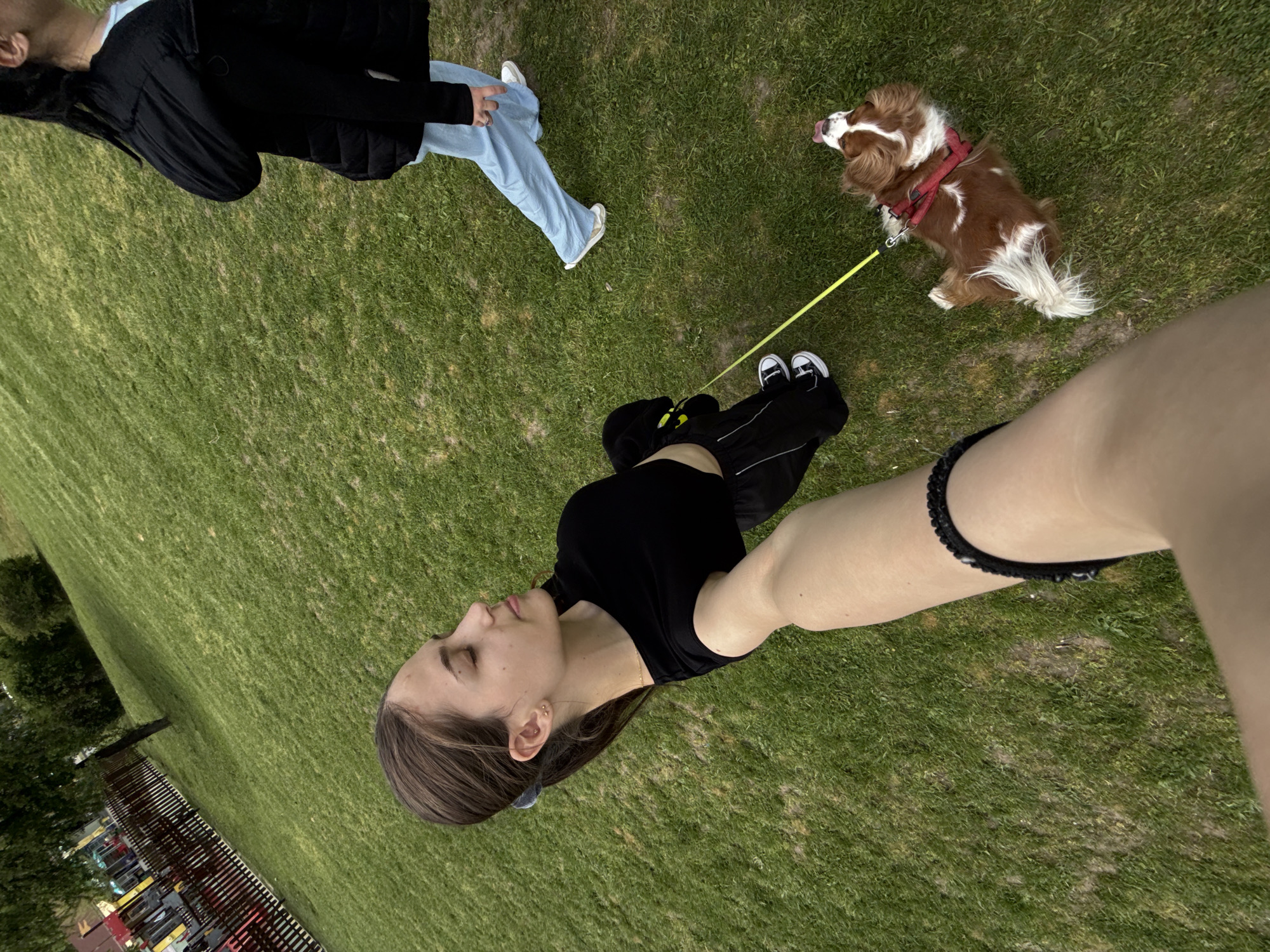 This high-angle, rotated image captures an outdoor scene, likely in a park or grassy field. In the foreground, a young woman, presumably the photographer, is visible from the chest up, with her arm extended into the frame. Her face is in profile, eyes closed or nearly closed, giving a relaxed expression. She has dark hair and wears a black top and a black braided bracelet on her left arm. Her lower body and feet are also visible further down, wearing black pants/shorts and black sneakers with white laces.
She holds a yellow dog leash, which extends to a brown and white dog with long fur, wearing a red harness. The dog is sitting on the grass, looking left with its tongue slightly out. In the upper left portion of the frame, another person is partially visible, wearing a black top/jacket, light blue jeans, and white sneakers.
The main setting is a vibrant green grassy area. In the far background, on the left, trees and a colorful structure resembling a playground or outdoor seating area with a fence can be seen. The image portrays a casual daytime activity, likely a walk or leisure time outdoors with pets and friends. No text is visible in the image. The location is specified as Sofia, Bulgaria.