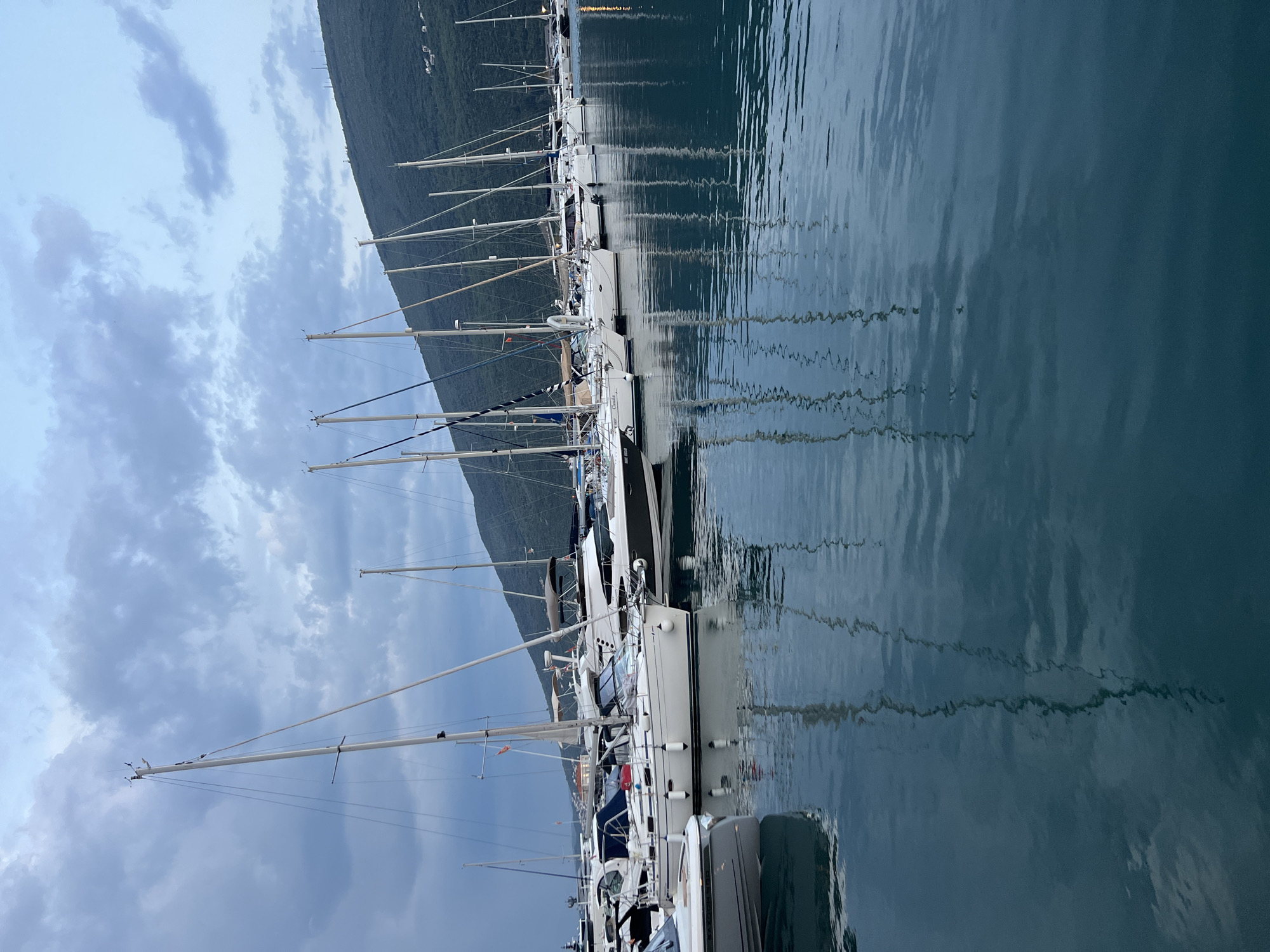 The image shows a serene marina scene in Đenovići, Montenegro, with numerous sailboats docked. The sky is overcast with clouds, casting a diffused light over the scene. The water is calm, reflecting the sailboats and their masts. In the background, a lush green hillside rises steeply, dotted with a few buildings. The sailboats are of various sizes and designs, suggesting a mix of recreational and possibly charter vessels. The overall impression is one of tranquility and a leisurely maritime atmosphere.
