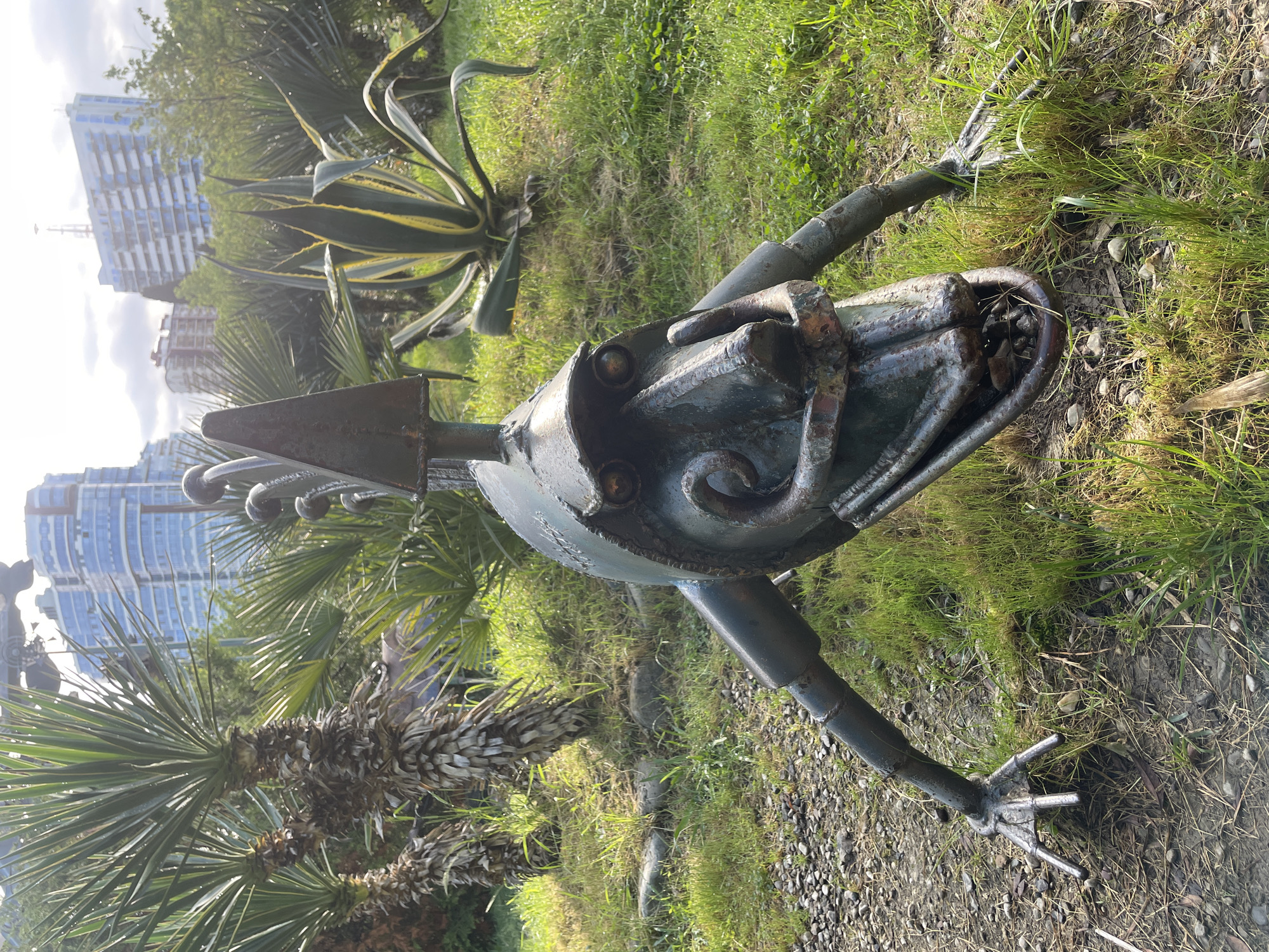 A ground-level, angled shot captures a metal sculpture resembling a bird, possibly a chicken, in Sochi, Russia. The sculpture, constructed from welded metal pieces, has a pointed head, stylized features, and legs with clawed feet. It rests on grass and gravel near a palm tree and agave plants. Modern buildings are visible in the background under a cloudy sky.