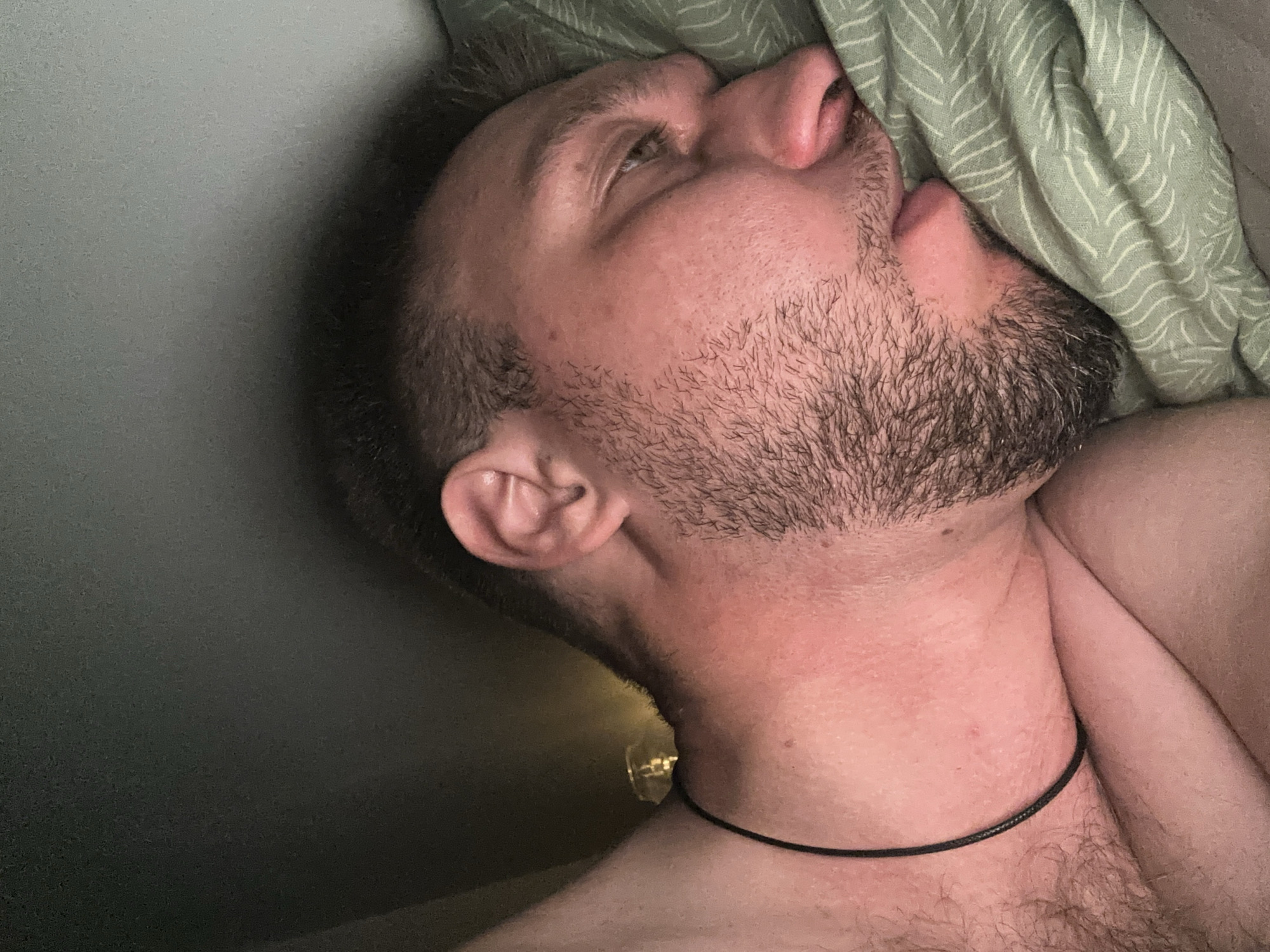 A man is lying on his side with his face turned away from the camera, his head resting on a light green pillow with a white leaf pattern. He has stubble on his face and a black cord necklace around his neck. The background is dark and out of focus, with a hint of a light source in the upper left quadrant. The scene appears to be indoors, likely a bedroom. There is no information available to indicate the location in Zvezdara Urban Municipality, Serbia.