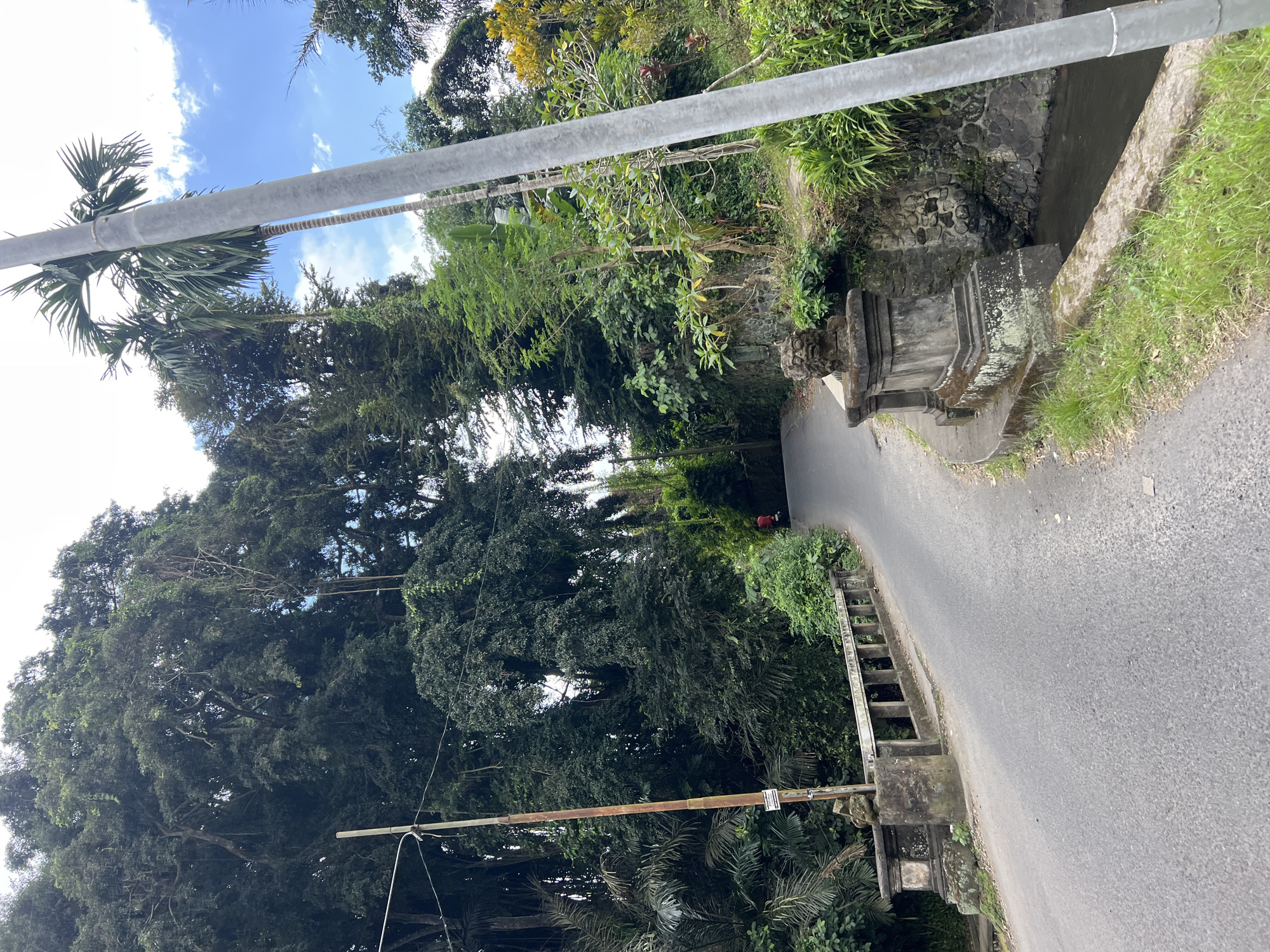 The image captures a view of a narrow, paved road winding through a lush, tropical environment. The road curves to the right, leading towards a dense canopy of trees. On the left side of the road, a stone bridge with ornate pillars and a stone railing is visible. A tall, weathered pole stands near the bridge on the left. On the right side of the road, a similar stone structure with a sculpted animal head motif adorns the bridge railing. Beyond this, a small, dark-colored stream flows alongside the road, bordered by stone retaining walls and abundant green vegetation. Towering trees with dense foliage, including what appear to be palm trees and large banyan trees, dominate the background. The sky above is blue with scattered white clouds. In the distance, a figure in red is seen on the road. The scene suggests a remote, verdant location within the Ubud District, Indonesia, characterized by its natural beauty and traditional stone architecture.