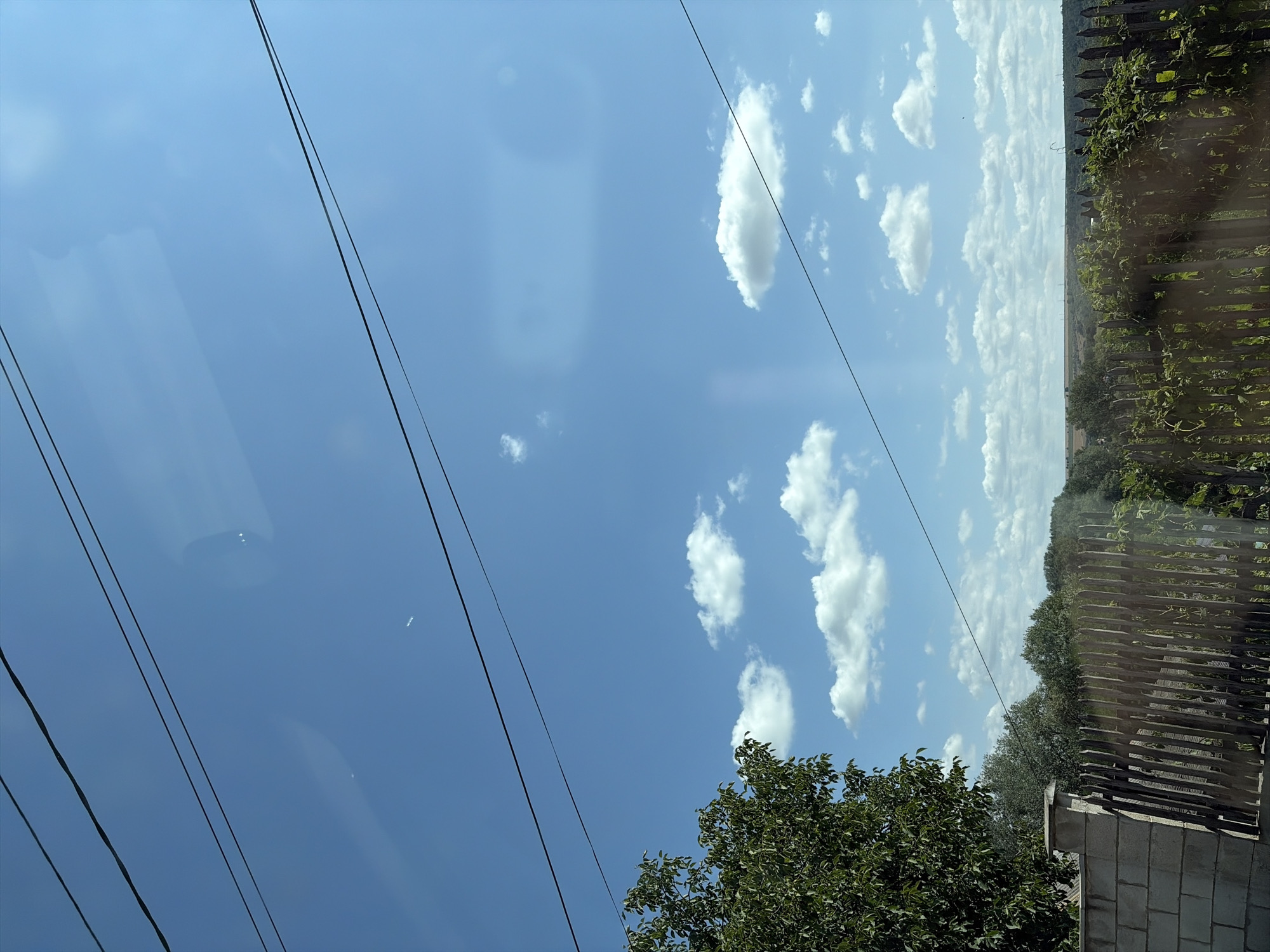 The image depicts a bright, sunny day in Criuleni, Moldova, looking towards a distant horizon. The foreground features a rustic wooden fence with some green foliage growing on it, and a section of a concrete block wall on the left. Behind the fence, a dense line of trees forms a natural barrier. The sky is a vivid blue, dotted with scattered white cumulus clouds. Several dark, thin power lines stretch diagonally across the upper portion of the frame. The overall impression is one of a rural or semi-rural setting on a clear day.