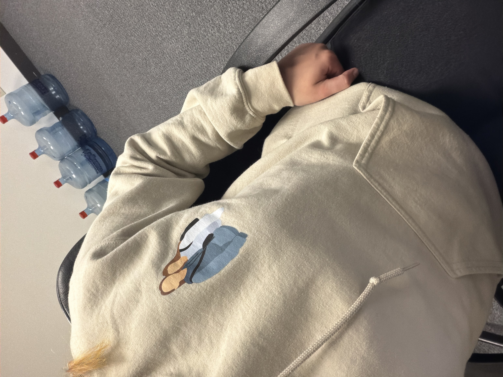 The media file shows a close-up of a person wearing a light-colored hooded sweatshirt. The sweatshirt has a graphic print on the left side of the chest featuring stylized blue and tan elements, possibly representing a bird or other creature. The person's right arm is visible, resting on what appears to be a dark chair. To the left of the person, in the background, are several clear plastic water bottles with red caps, lined up on a light-colored surface. The overall setting appears to be indoors, possibly an office or a common area, given the presence of water bottles and a chair. The lighting suggests it could be daytime, but the exact time is not clear. There is no visible text in the media file, other than what might be on the labels of the water bottles, which are not legible. The image is taken from a high-angle perspective, looking down at the person.