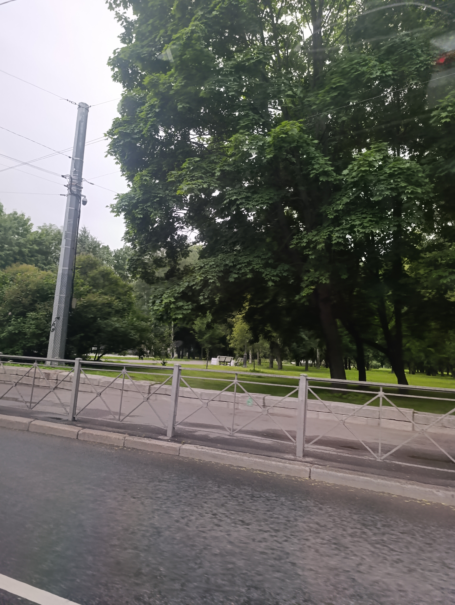 The image depicts a street scene in Saint Petersburg, Russia, likely during daytime given the ambient light, though the sky is overcast. In the foreground, a grey asphalt road with a white line is visible. A concrete curb separates the road from a sidewalk area, which is also paved. A metal fence with a diamond pattern runs along the sidewalk, bordering a green park. The park features manicured grass, several mature trees with dense green foliage, and in the distance, two park benches. A tall, grey utility pole with wires is prominently positioned on the left side of the image, near the edge of the park and behind the fence. The overall atmosphere suggests a quiet, possibly residential or recreational area within the city. No people are visible in the frame.