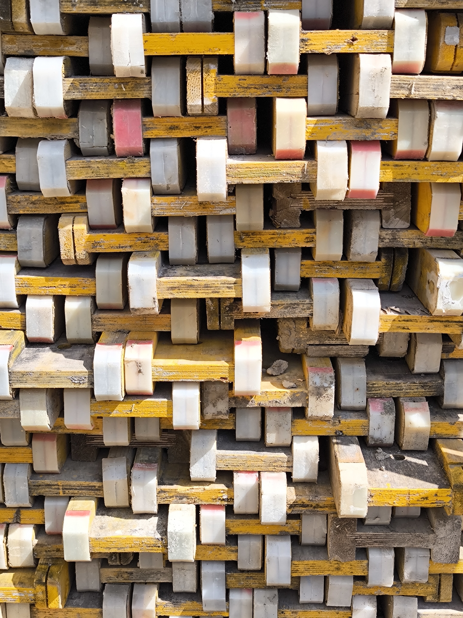 The image shows a stack of yellow painted lumber alternating with rows of white or gray-white rectangular blocks. Some of the blocks have a pinkish-red tint. The items are stacked closely together, creating a dense, organized pattern. The location appears to be an outdoor storage area.