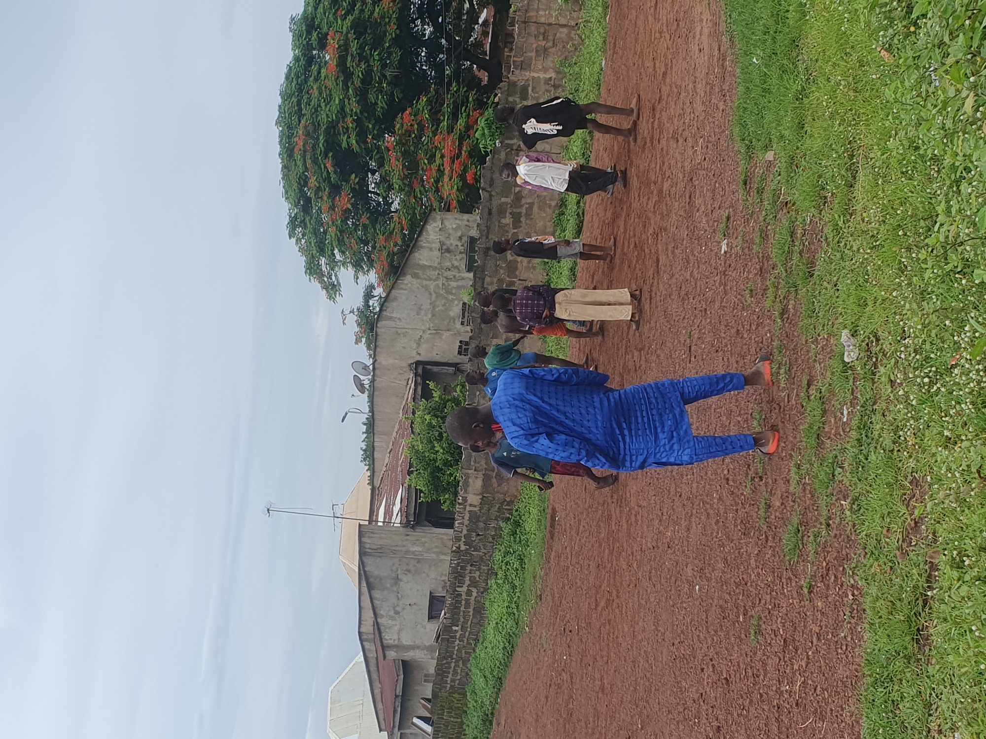 The image captures an outdoor scene in Idah, Nigeria, under an overcast sky. The foreground and mid-ground consist primarily of reddish-brown dirt ground, interspersed with patches of green grass and small white flowering plants along the edges.
In the immediate foreground, a male figure is observed from behind, wearing a blue patterned traditional garment that covers his body down to his ankles, paired with orange-soled sandals. This individual faces towards the mid-ground, where a group of approximately nine other young males is scattered across the unpaved surface. They are attired in diverse casual wear, including t-shirts (one with a white graphic on the back), shorts, and one plaid shirt with light trousers. Some individuals are barefoot, while others wear sandals. One male in a dark blue t-shirt and red shorts holds a dark, rectangular object resembling a phone. Their various stances indicate a casual social gathering.
The background features a low concrete block wall that partitions the dirt area from a cluster of buildings and extensive vegetation. A central building exhibits a raw concrete exterior and a reddish, possibly rusted, corrugated metal roof. To its left, a building with a light-colored sloped roof is visible, with another featuring a tan sloped roof to the right. Multiple satellite dishes are affixed to various rooftops. A tall, slender antenna structure stands against the grey sky, slightly left of center. A large tree, characterized by dense green foliage and numerous red-orange blossoms, is prominently situated behind the buildings on the right, providing a splash of color against the otherwise subdued palette. The sky is uniformly grey with minimal cloud definition.