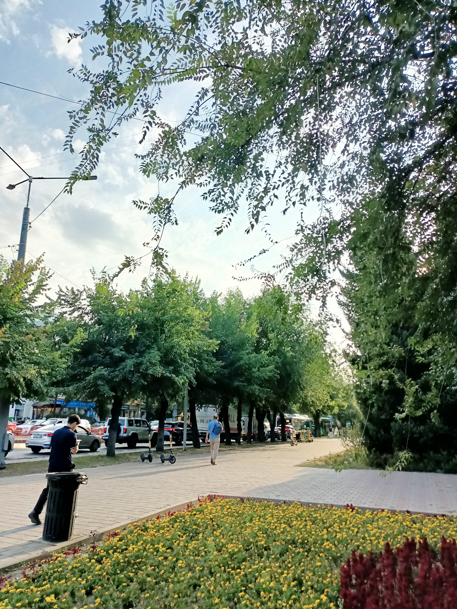 The image depicts a street scene in Almaty, Kazakhstan, likely during daylight hours, as suggested by the bright sky and shadows. The foreground features a vibrant flowerbed with abundant yellow and some red blooms, bordered by green foliage. Beyond this, a paved pedestrian walkway runs alongside a street lined with trees.
On the walkway, a person wearing a dark shirt and black pants is seated on the edge of a black trash can, looking down at a mobile device in their hands. Further down the walkway, another individual in a light blue shirt and beige pants walks away from the camera. Two electric scooters are parked side-by-side on the walkway.
The street itself has multiple lanes of traffic with cars and buses visible. Some cars are parked along the side. Overhead, power lines and a lamppost are present, with the leaves of a large tree canopy extending from the top of the frame, partially obscuring the sky. The sky is partly cloudy, with a bright, slightly hazy appearance, indicating possible sunshine filtering through. The overall impression is a well-maintained urban environment with pedestrian-friendly areas and green spaces.