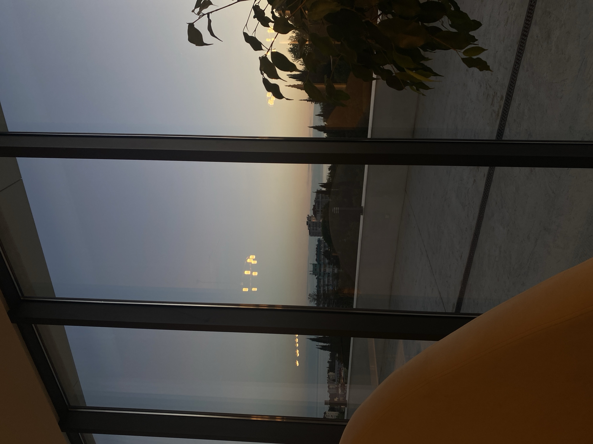 Here's a detailed description of the image:
**Scene Overview:** The image presents a view from inside a room, looking out through a large glass window. The exterior view showcases a coastal cityscape at sunset, reflected partially in the glass. The dominant colors are the blues and grays of the sky and sea, with hints of orange and yellow from the setting sun. The interior is dimly lit, with a portion of a yellow chair visible in the lower right and a green plant overhead.
**Exterior Details:**
* **Cityscape:** The exterior view reveals buildings along a coast. The architecture is modern, with high-rise structures visible. The city extends along a slope leading down to the water.
* **Sky/Sunset:** The sky is gradated, transitioning from a pale blue at the top to a yellow-orange horizon.
* **Sea:** A body of water, presumably the Black Sea, is present at the horizon.
* **Landscaping:** A balcony with a grey, textured floor, outside the building, and plant life partially obscures the cityscape.
**Interior Details:**
* **Window:** A large glass window, framed in dark metal, separates the interior from the exterior. The glass reflects the interior lights.
* **Chair:** A portion of a yellow chair is visible in the lower right corner.
* **Plant:** Green leaves from a plant hang down from the top, obscuring the outside.
* **General:** The interior appears to be part of a modern building.
**Location (Based on Visual Cues):**
* **Sochi, Russia:** Given the coastal cityscape and the setting, it is possible that the image shows a view from a building in Sochi, Russia. The modern architecture and coastal location are consistent with Sochi's urban landscape.
In summary, the image captures a scenic view from within a modern building, looking out onto a cityscape at sunset, likely in Sochi, Russia. The glass window reflects the indoor lighting, and a portion of a chair and a plant add to the indoor ambiance.