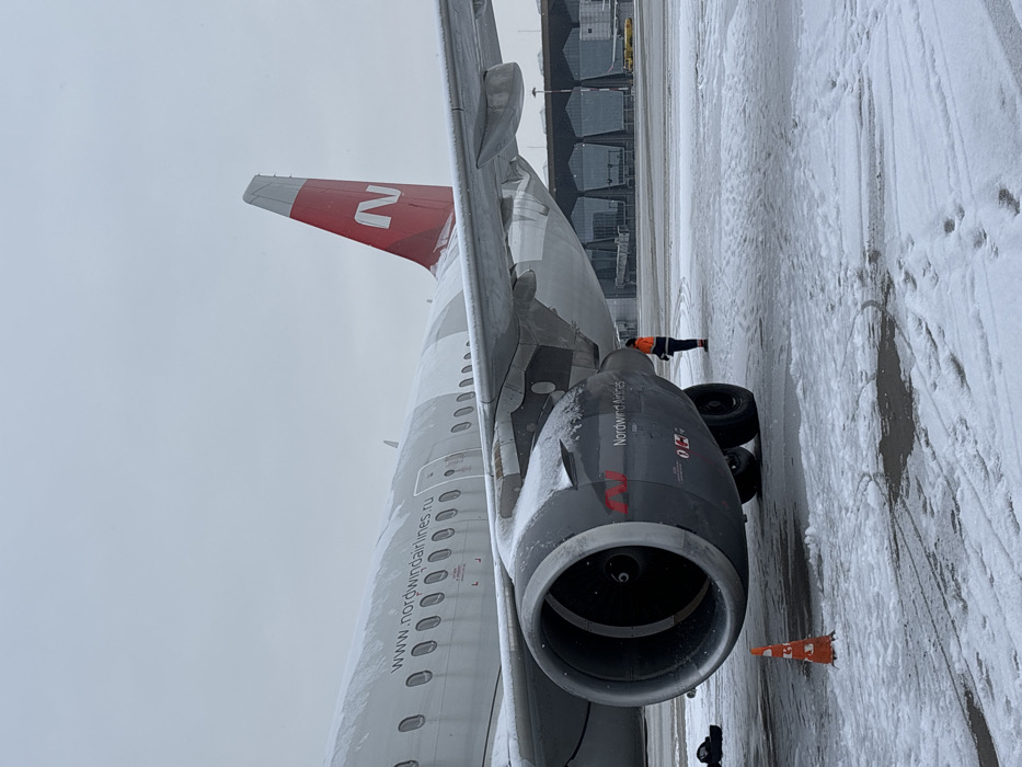 A Nordwind Airlines passenger jet is depicted on a snow and slush-covered tarmac at an airfield in Novogorelovo, Russia, under an overcast sky. The aircraft's white and grey fuselage, wing, and dark grey engine are partially coated in snow and ice. Visible markings include "www.nordwindairlines.ru" on the fuselage and "Nordwind Airlines" with a stylized 'N' logo on the engine cowl and the red vertical stabilizer. A single individual, dressed in an orange high-visibility jacket over dark trousers, stands on the snow-covered ground near the aircraft, positioned behind the visible left engine's landing gear. An orange safety cone is placed on the snow in front of the engine. In the background, a modern airport terminal building with multiple glass-paneled sections and distant yellow ground support equipment are discernible. The tarmac shows tire tracks and footprints in the snow.