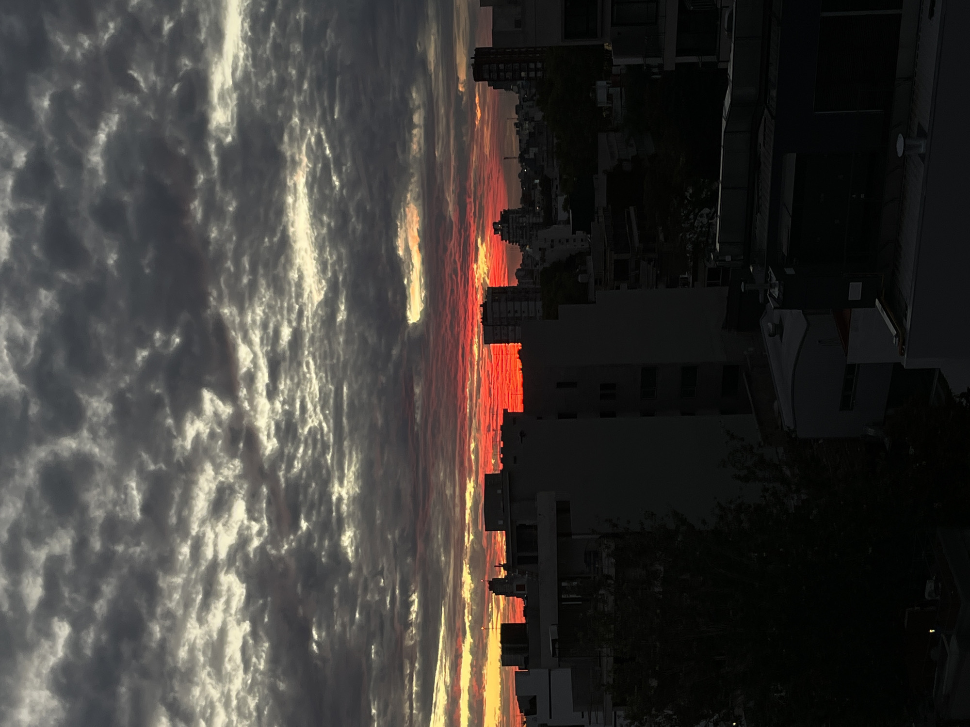 The image captures a spectacular sunset over an urban landscape in Buenos Aires, Argentina. The sky is the dominant feature, filled with an expansive display of clouds. The upper portion of the sky is densely packed with dark, textured clouds, predominantly in shades of grey and muted white, with some areas catching indirect light.
Below these darker clouds, a vibrant strip of sky stretches across the horizon, ablaze with intense colors indicative of twilight. This band transitions from fiery reds and deep oranges near the horizon to brighter yellows and soft pinks higher up, where the last rays of the setting sun illuminate the undersides of the clouds. The contrast between the dark, heavy cloud cover and the brilliant, colorful band creates a dramatic and awe-inspiring natural spectacle.
Silhouetted against this vivid sky is a dense cityscape. Various buildings, including multi-story structures, form a dark, angular skyline. Their architectural details are mostly obscured by the low light, appearing as dark masses against the luminous background. A few trees are also visible as dark, shadowy forms, blending into the urban structures. The overall scene conveys the serene yet powerful beauty of a sunset over a bustling city. There are no people or discernible text visible in the image.