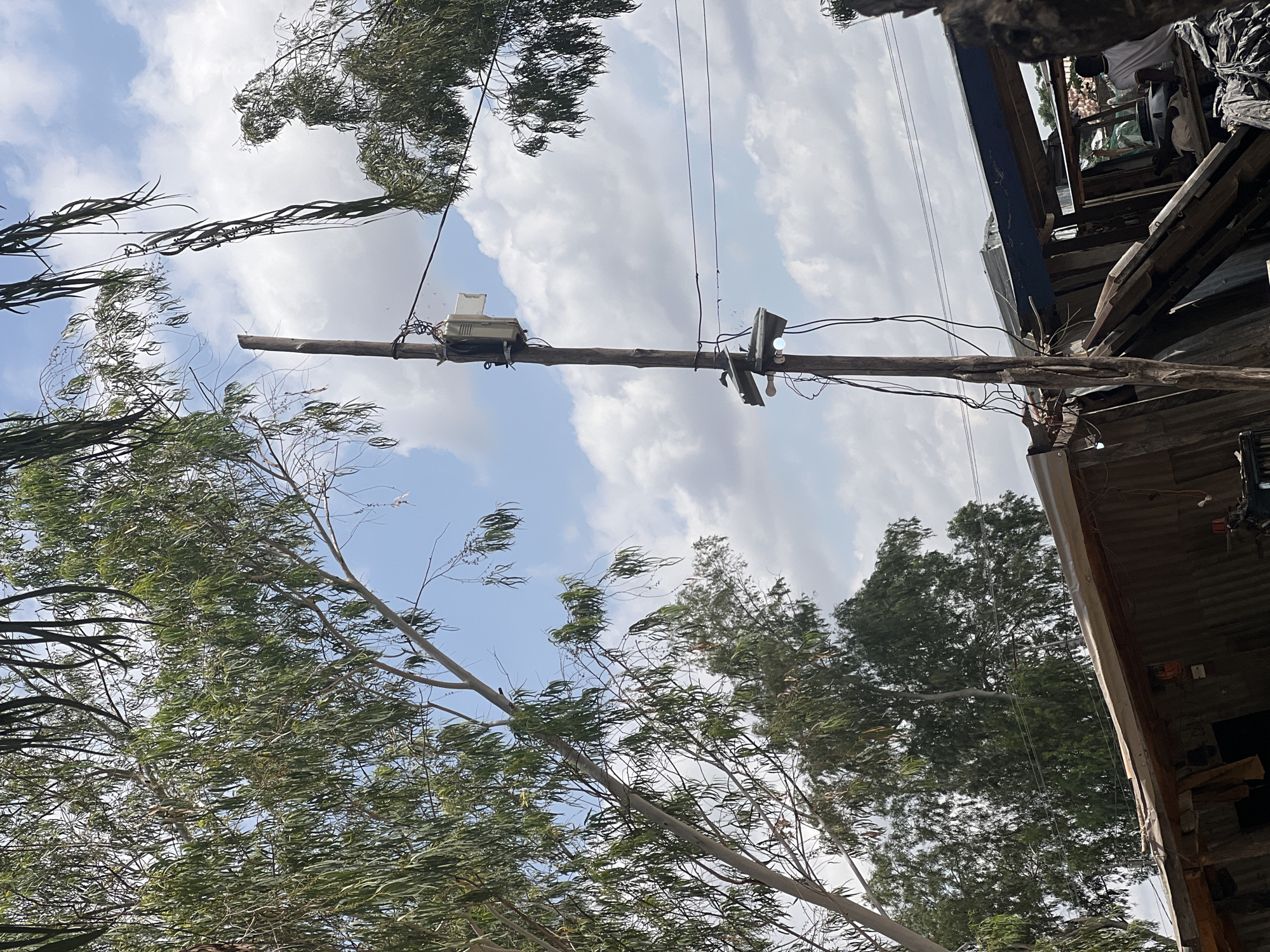 The image is a low-angle shot taken outdoors, with a cloudy sky visible above. The primary subjects are a wooden utility pole with electrical wires and a few attached objects. One object appears to be a white electronic device, possibly a router or junction box, mounted on the pole. Another object is a lightbulb attached to a wooden fixture extending from the pole. The pole is surrounded by trees with slender, green leaves that appear to be rustling, suggesting windy conditions. The scene also includes part of a corrugated metal structure on the right side of the frame, indicating a potentially informal or semi-built environment. The overall impression is one of an outdoor setting, possibly a rural or semi-urban area in Howayi, Nigeria, on a day with significant wind and cloud cover. There is no visible text in the image.