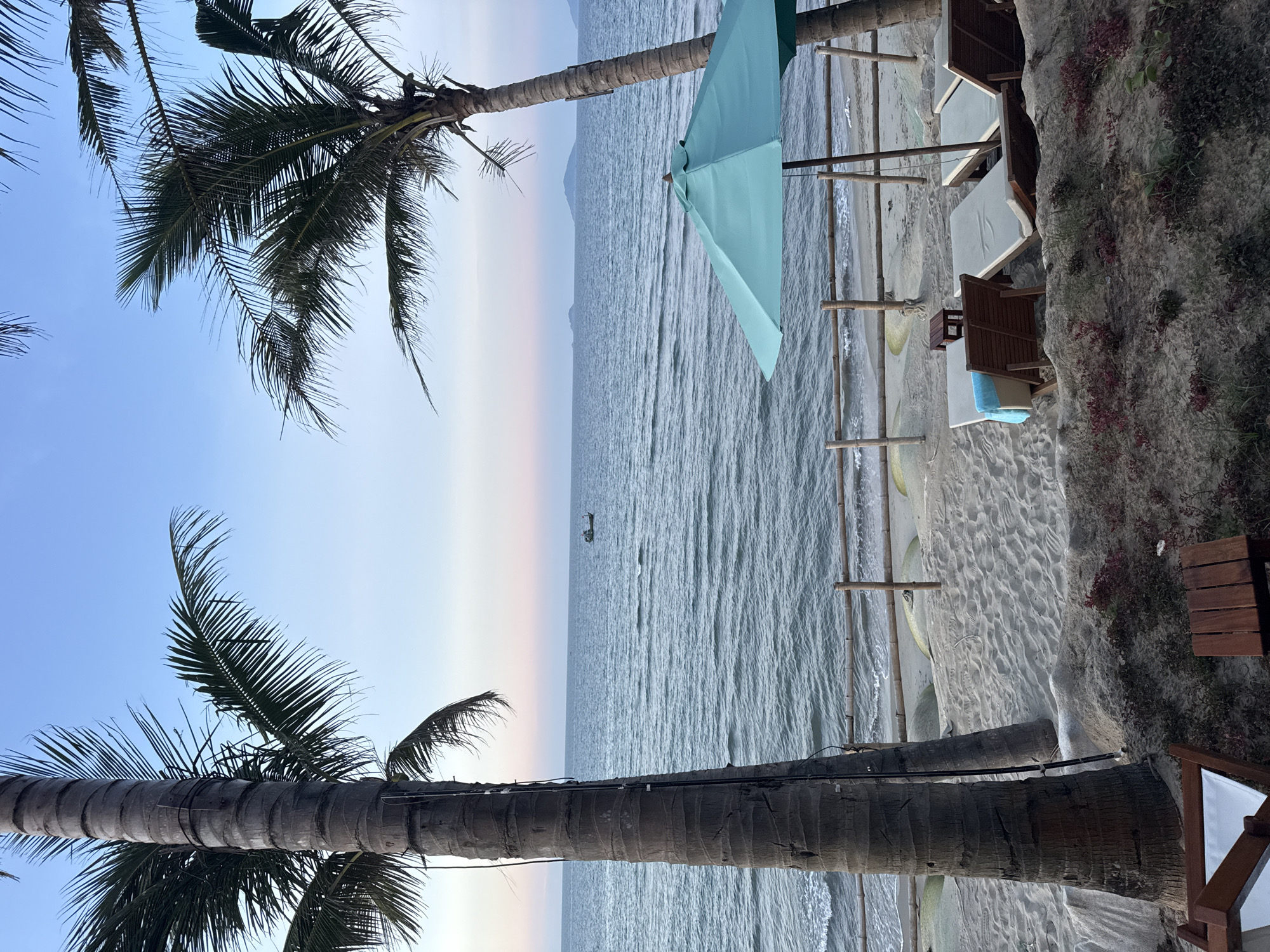 The image depicts a beach scene in Unknown, Unknown. Two palm trees frame the view, their trunks extending from the bottom of the image and their fronds reaching towards the top. The sea stretches towards the horizon, where the sky transitions from blue to a soft gradient of pink and white. A small boat is visible on the water.
On the right side of the image, beach chairs and a blue umbrella are situated on the sandy shore. The sand is interspersed with vegetation, creating a boundary between the beach and an area with darker soil.