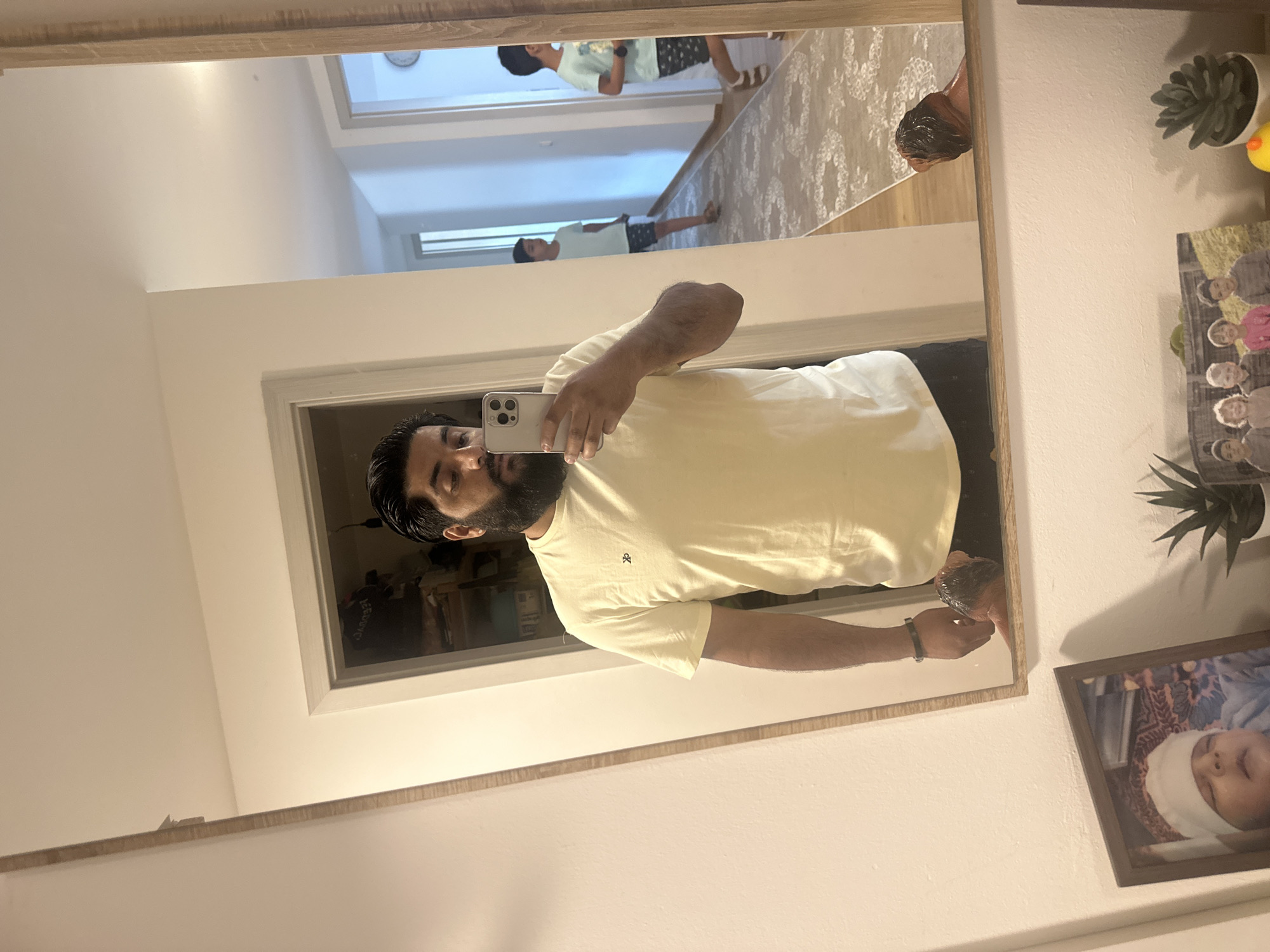 A man with dark hair and a beard is taking a mirror selfie in a hallway. He is wearing a light yellow t-shirt and black pants. In the reflection of the mirror, two young boys are visible walking down the hallway. To the left of the mirror, there are framed photos on a shelf, including one of a baby and another of a group of children. The environment appears to be a residential hallway. The image does not provide specific information about the city of Mainburg, Germany.