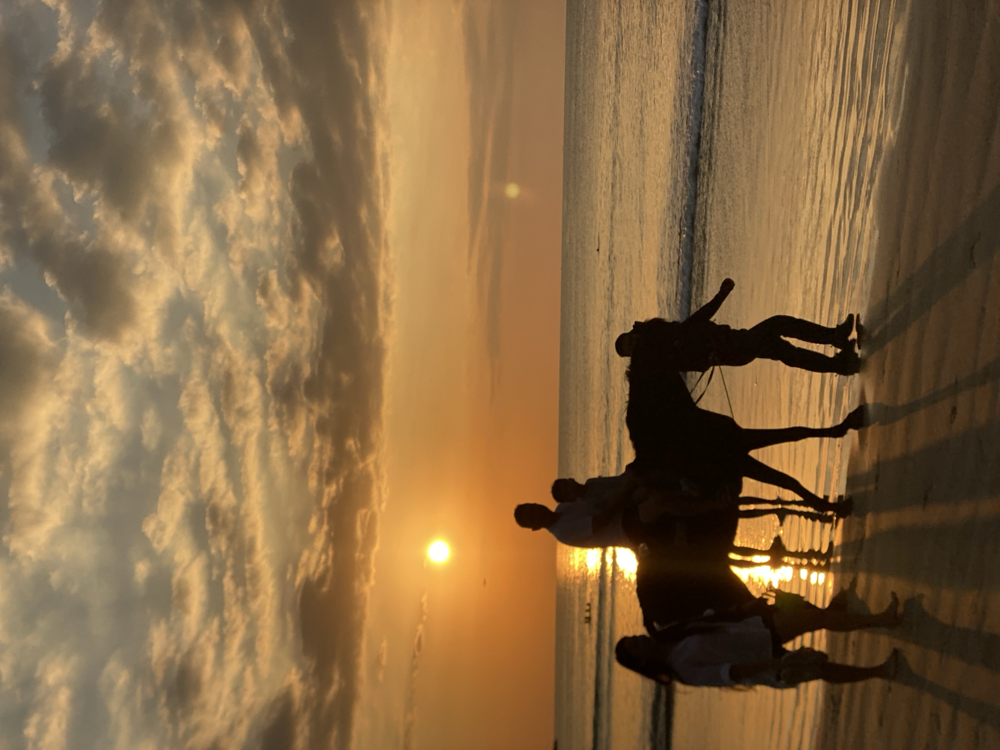 A sunset scene unfolds on a beach in Kuta Selatan, Indonesia, where the sky is illuminated by warm orange and yellow hues, with scattered clouds. The sun, a bright orb, is positioned in the upper left quadrant, casting a golden reflection on the calm ocean.
In the foreground, a silhouette of a horse is seen walking along the wet sand, its reflection elongated by the low-angled sunlight. On the horse's back, two figures are seated, appearing as dark silhouettes against the bright sky. To the left of the horse, a woman is walking, also silhouetted. To the right of the horse, another figure, likely a guide or handler, is walking and appears to be leading the horse.
The ocean stretches to the horizon, with gentle waves lapping at the shore. In the distance, a few other figures can be seen in the water, enjoying the sunset. The overall impression is one of tranquility and natural beauty, a typical evening scene in Kuta Selatan.