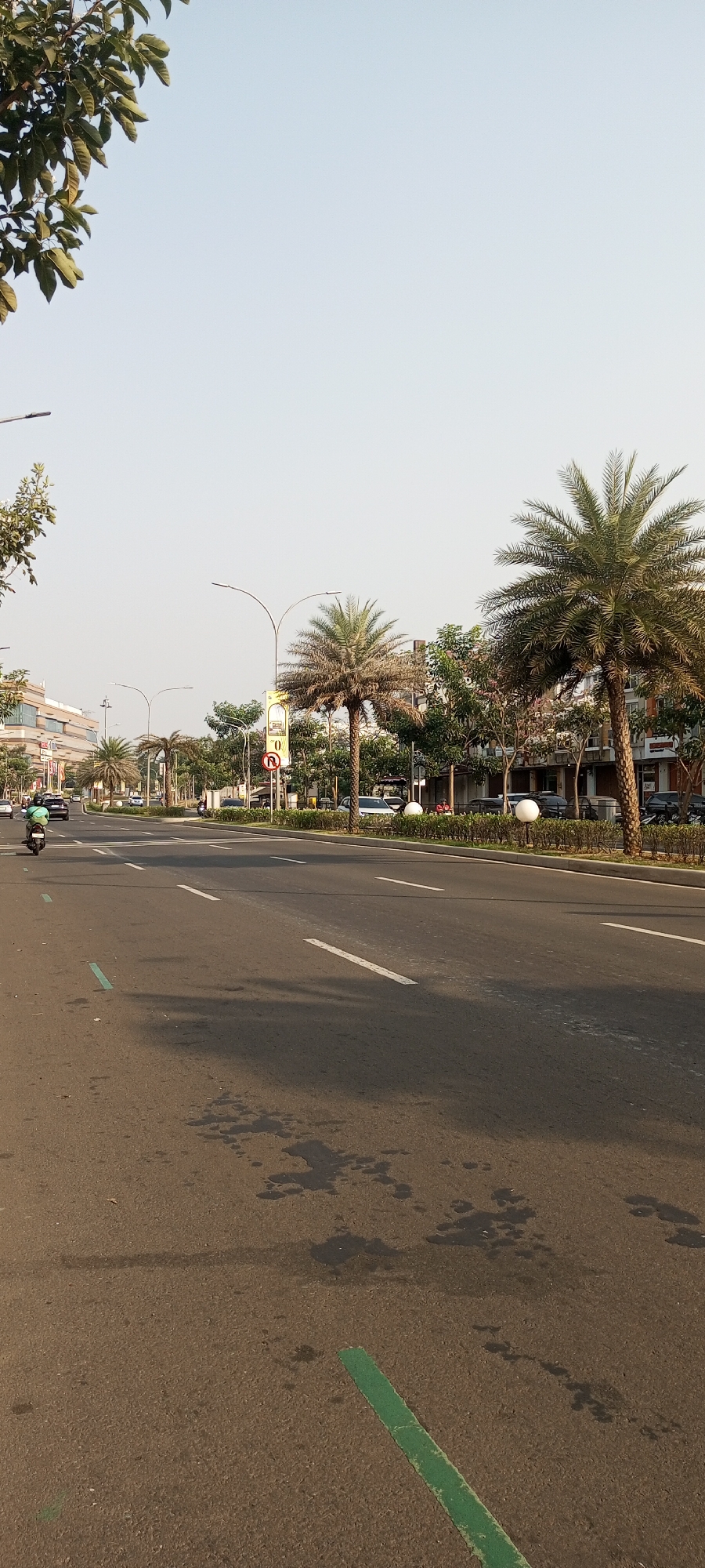 The image depicts a street scene in Lambangjaya, Indonesia, likely a commercial or residential area. The perspective is from the side of the road, looking forward along a multi-lane asphalt road. A lone motorcyclist in a green helmet is traveling away from the camera in the left lane. The road features white lane markings and a green marking in the foreground.
On the right side of the road, there are several palm trees and other lush green vegetation lining a manicured median strip. Beyond the vegetation, a building with multiple floors and windows is visible, suggesting a commercial establishment or residential complex. In the background, more trees and buildings can be seen. A few cars are parked along the side of the road.
Streetlights are visible, mounted on curved poles, and a traffic sign is present near the right side of the road, indicating a restriction. The sky is clear and pale blue, with the sun casting shadows on the road, suggesting it is daytime, possibly late afternoon given the angle of the shadows. The overall impression is one of a well-maintained urban environment.