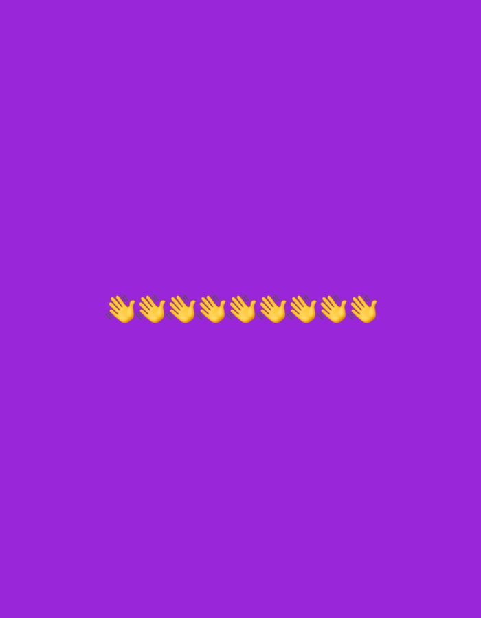 The image displays a plain, solid purple background. In the lower central portion of the image, there are seven yellow hand emojis arranged in a horizontal line. Each hand emoji is depicted with an open palm, fingers spread, and a thumb extended. There is no discernible location in the city of Gorzów, Poland, or any environmental context present in the image.