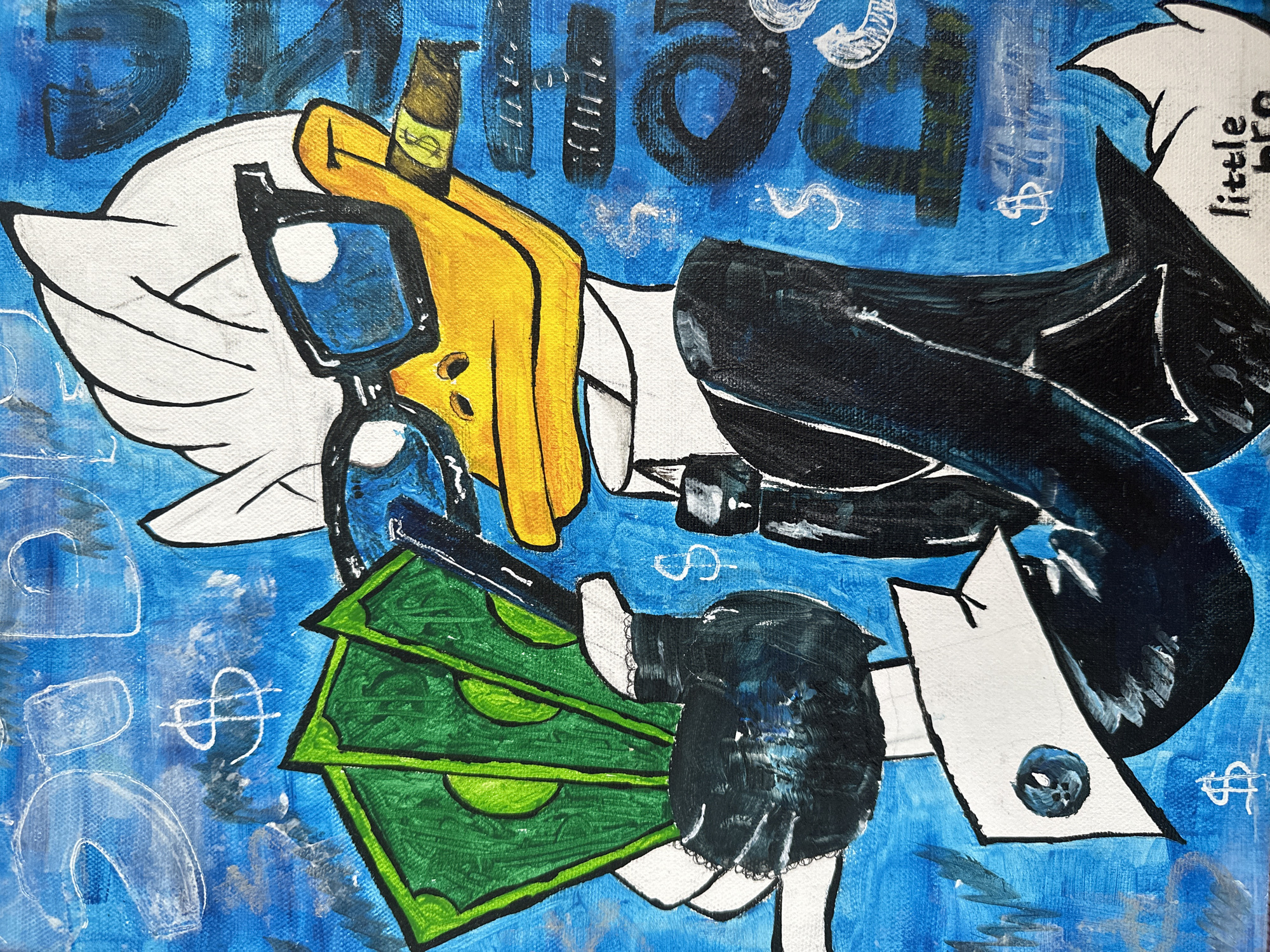 The image is a close-up, eye-level, medium shot of a painting depicting a cartoon duck in a suit. The duck is yellow with white feathers and is wearing black-rimmed glasses. It has a cigar in its mouth with a dollar sign on it. The duck is holding a fan of green dollar bills in its left hand, which is covered by a black glove. The background of the painting is a vibrant blue with white and gray abstract shapes and dollar signs. The style of the painting is bold and expressive, with visible brushstrokes. The bottom right corner of the painting has text that reads "little bro". The image does not contain any information about a city or specific location.