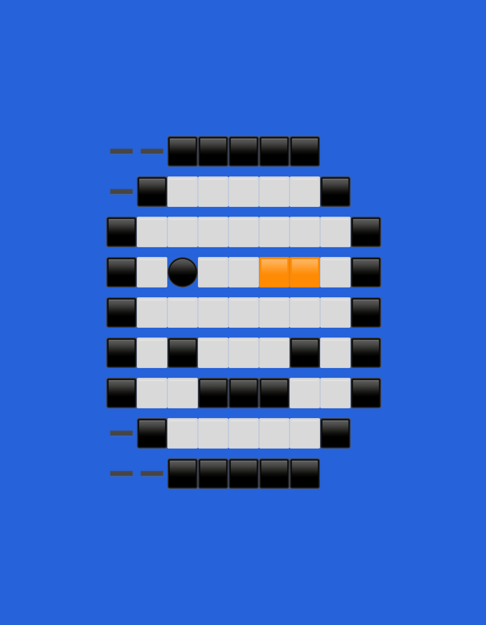The media file displays a digital graphic composed of various geometric shapes on a solid blue background. The central subject is an abstract, pixelated design resembling a stylized face or character, constructed from a grid of squares and a single circle.
The design is primarily made of black and light gray/white squares arranged in horizontal rows of varying lengths, forming a roughly oval or rounded rectangular shape that is widest in the middle. The black squares define the outer boundaries of the shape and create patterns within. The interior is mostly filled with light gray/white squares.
Notable details include:
- A prominent black circle positioned on the left side of the third row from the top.
- Two adjacent bright orange squares located to the right of the black circle, also in the third row. These orange squares contrast strongly with the surrounding light gray and black elements.
- The black squares, including the circle, have a slightly glossy appearance.
- On the far left edge of the design, short black horizontal dashes appear next to the second and eighth rows from the top.
The image depicts a static graphic, possibly a UI element from a game, a musical sequencer interface, or a piece of pixel art. No activity or event is taking place. There is no discernible text beyond the dash-like markers.