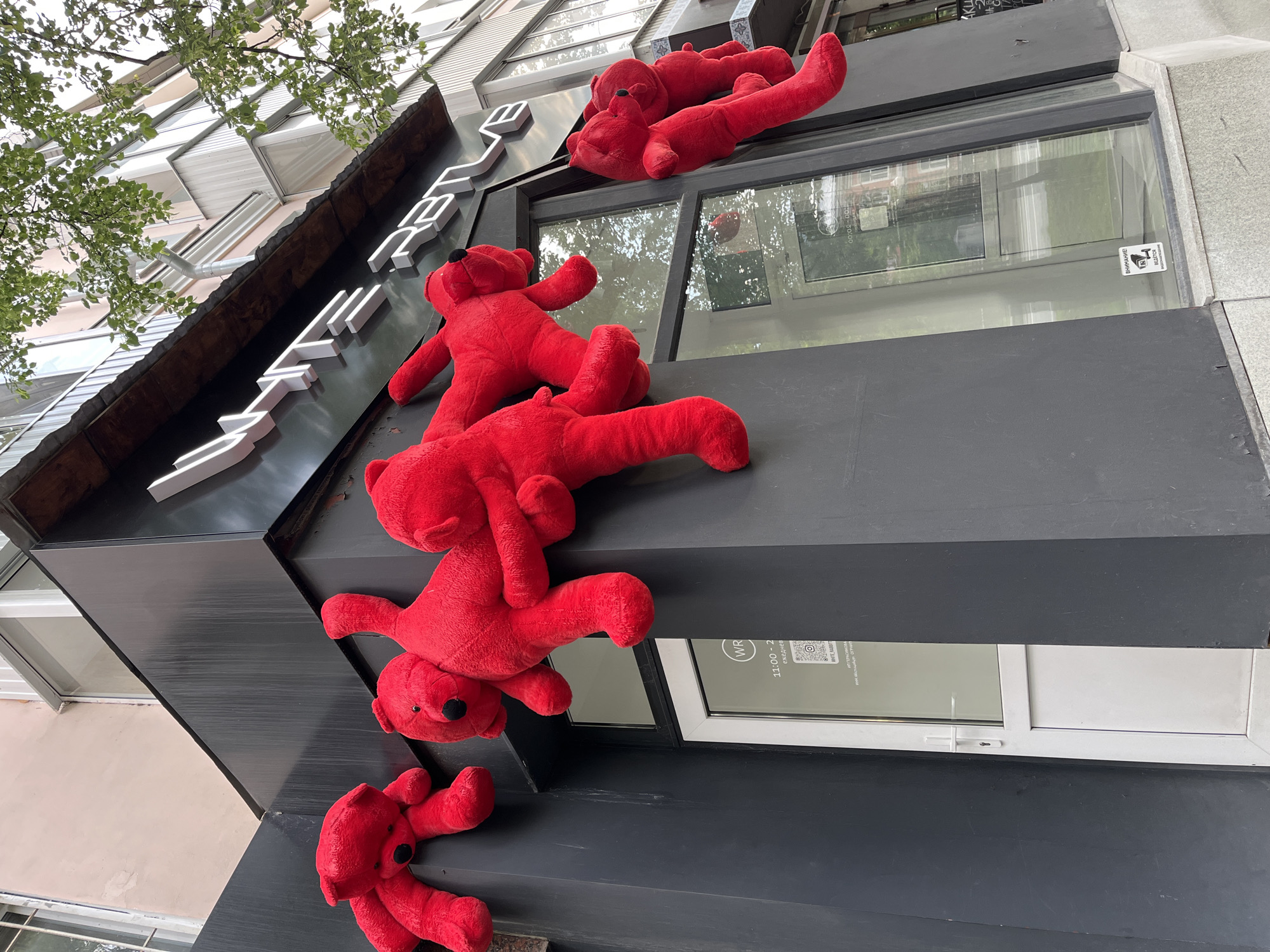 The image displays a whimsical and dynamic art installation featuring numerous bright red teddy bears scaling or tumbling down the dark facade of a modern building. At least six plush red teddy bears are visible, arranged in various poses across multiple horizontal elements of the building's exterior, suggesting they are either climbing up or falling down the structure.
The building itself has a prominent dark grey or black facade, adorned with large, white, illuminated letters that spell out "БЕЛЫЙ КРОЛИК" (Belyy Krolik), which translates to "White Rabbit." Below this sign, large reflective windows mirror the surrounding environment, including a clear daytime sky, lush green tree branches in the upper left, and parts of an adjacent light-colored building with additional windows and a gutter system.
Reflected in one of the lower windows, a circular logo with the letters "WR" is visible, confirming the "White Rabbit" branding. Below the logo, partially legible Cyrillic text includes "Арт-пространство" (Art space) and a web address, along with partial operating hours "11:00 - 2...". Another window features a white sticker with a surveillance camera icon and the Cyrillic text "ВНИМАНИЕ! ВЕДЁТСЯ ВИДЕОНАБЛЮДЕНИЕ!" which translates to "ATTENTION! VIDEO SURVEILLANCE IS BEING CONDUCTED!".
The photograph is taken from a low angle, looking up at the building, and is tilted diagonally, enhancing the sense of movement and height. The bright red bears starkly contrast with the dark building, creating an eye-catching display in an urban setting, located in Yekaterinburg, Russia. The time of day appears to be bright daylight.