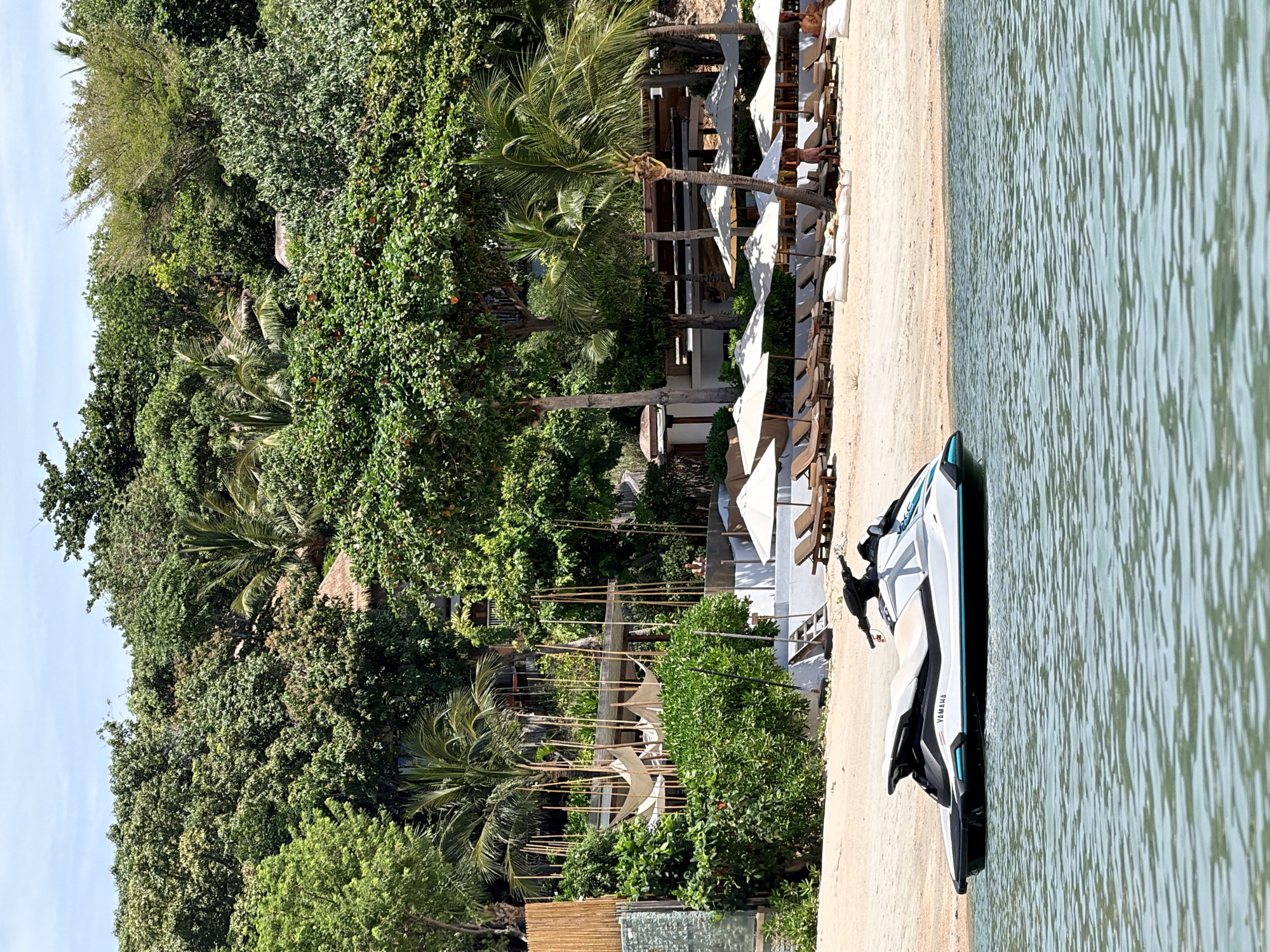 The image depicts a serene beach scene on the island of Ko Samui, Thailand. In the foreground, a white and teal Yamaha jet ski floats on clear, calm water. The beach is lined with rows of empty lounge chairs and umbrellas, suggesting a tranquil setting. Behind the beach, lush green trees and palm trees create a dense backdrop, with hints of resort architecture peeking through the foliage. The sky is a clear, bright blue, indicating a sunny day. A few indistinct figures can be seen in the distance on the beach, near the resort structures. The overall impression is one of a peaceful tropical vacation destination.