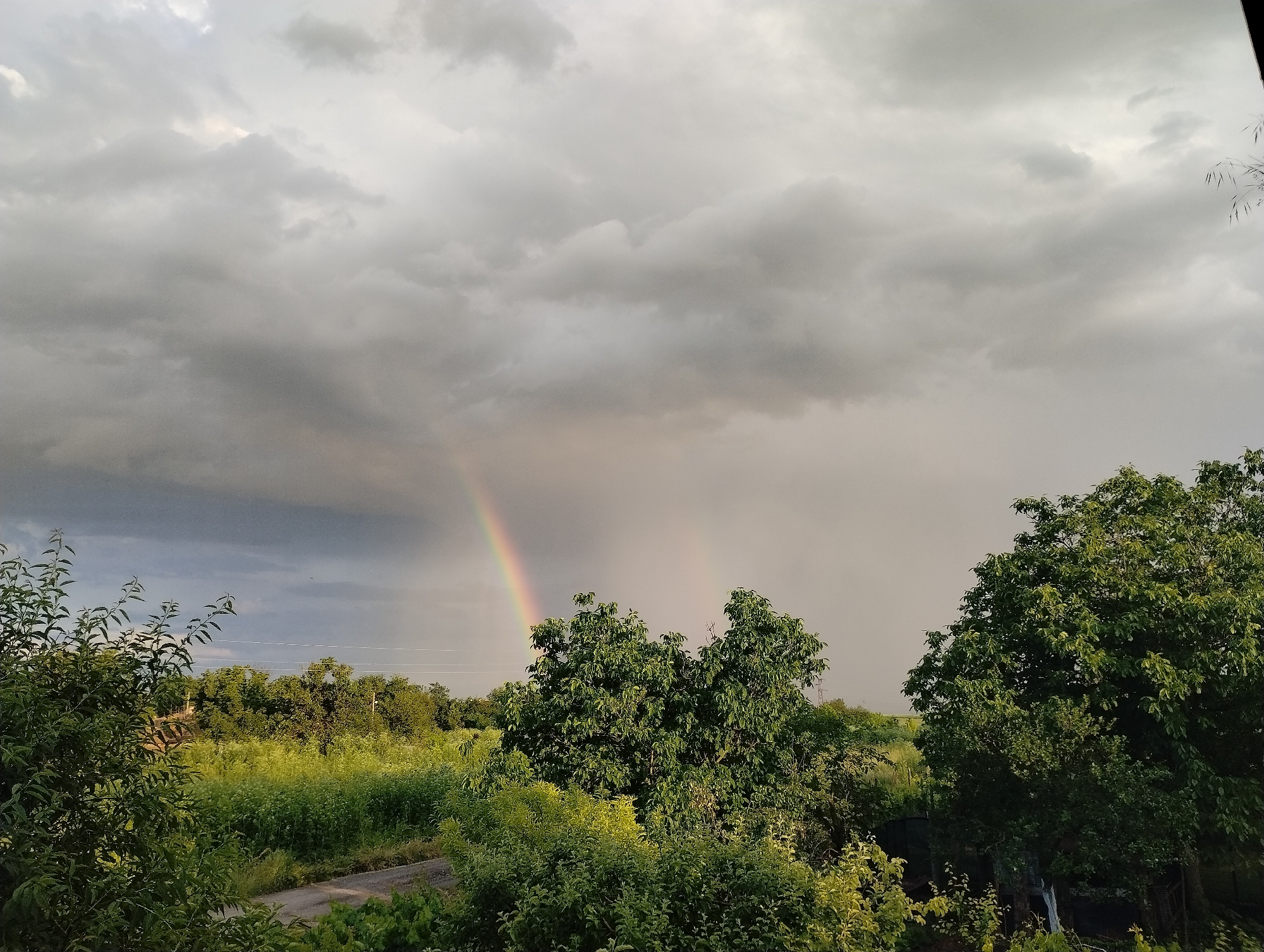The image depicts a landscape under a cloudy sky, likely in a rural or semi-rural setting in Roza, Bulgaria. A rainbow is visible, appearing to end near trees. Lush green vegetation covers the foreground. A paved surface is visible.