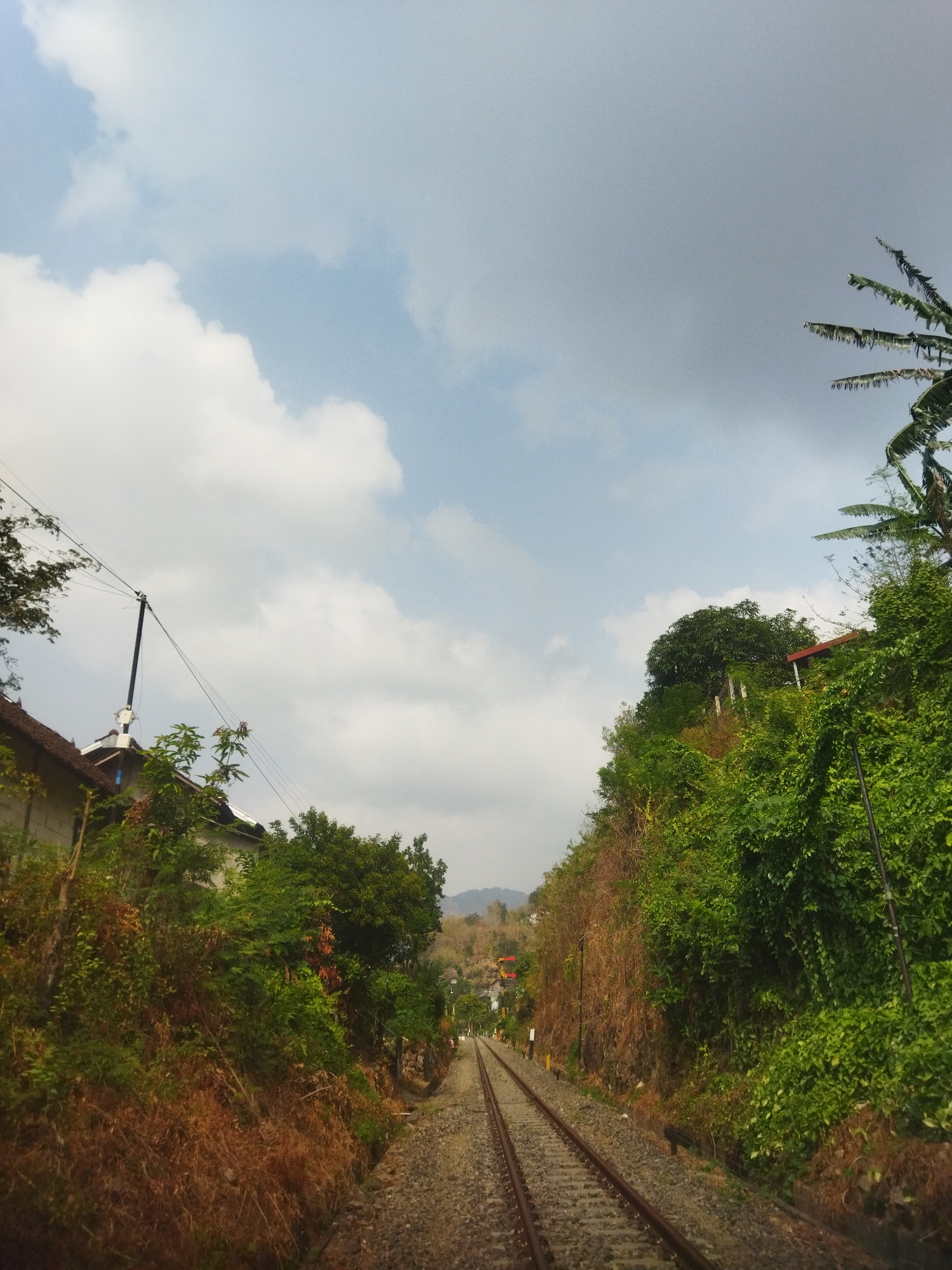 The image depicts a railway track that appears to be traversing through a hilly or mountainous terrain, suggesting a location outside a dense urban area. The tracks run diagonally from the bottom right towards the center and then fade into the distance. The immediate surroundings of the tracks are characterized by abundant vegetation, with lush green trees and bushes lining both sides of the railway. Some dry, brown foliage is also visible, particularly on the left side of the track.
On the left side of the frame, there is a building with a tiled roof, and electrical poles with wires are visible, indicating the presence of infrastructure. The sky above is partly cloudy, with a mix of blue sky and white clouds. In the far distance, more hills or mountains are discernible, with some sparse vegetation. The overall impression is a natural landscape with signs of human development in the form of the railway and a building. The scene is captured during daylight, likely in the morning or afternoon, given the lighting conditions.