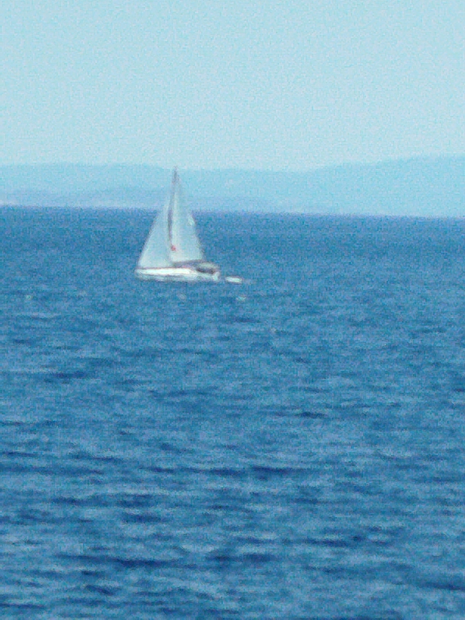 A lone sailboat with white sails is depicted on a calm, blue sea under a hazy sky. The horizon line is faint, suggesting distant landforms or mountains, also rendered in muted blues. The water has gentle ripples. The scene is located in the Sithonia Municipal Unit, Greece.