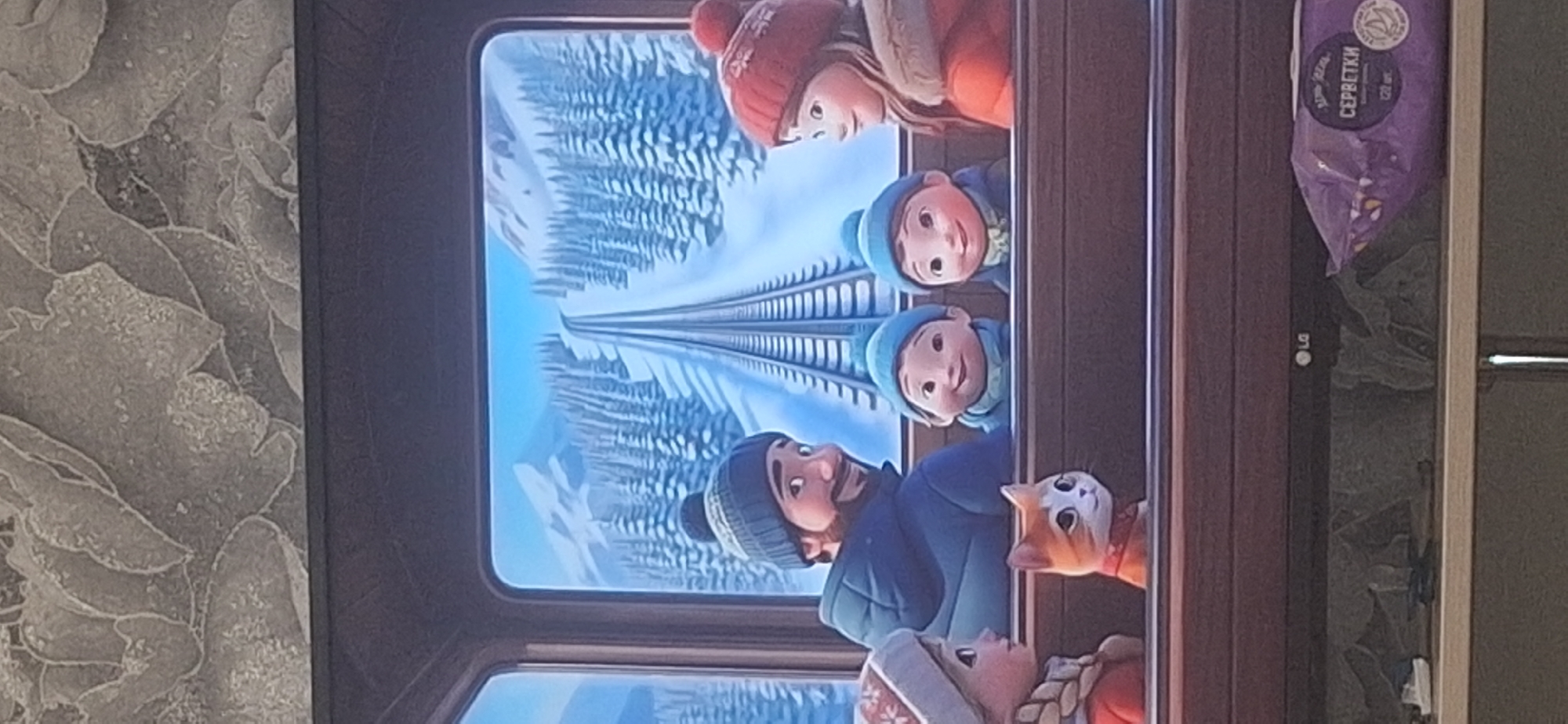 The image displays a scene from an animated movie, depicting a family on a train journey through a snowy mountain landscape. The train interior is visible, with a man wearing a beanie, a woman in a red hat, and two young children in blue hats. A ginger and white cat is also present on the train. The outdoor scenery outside the train windows shows snow-covered trees and mountains, with train tracks extending into the distance. The bottom portion of the image shows a television set displaying the animation, with a portion of a package of wet wipes labeled "СЕРБЕТКИ" visible on a shelf below the television. The image does not provide any specific details related to the city of Bila Tserkva, Ukraine, as it is a still from a fictional animation.