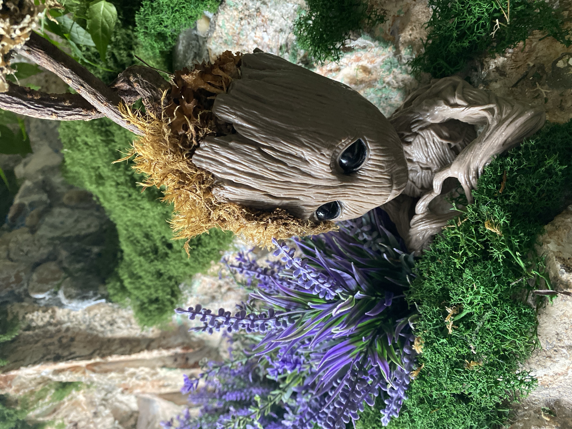 The image depicts a decorative scene featuring a Groot figurine amidst artificial plants and moss. The figurine, made of a material resembling wood, has large, black eyes and a somewhat weathered appearance. It is partially surrounded by a vibrant bunch of purple flowers, likely lavender, and patches of green moss. Behind the scene is a textured background, possibly imitating rocks or a stone wall.
There is no indication of this being located in Novokuznetsk, Russia, or any other specific city. The scene is entirely artificial and likely a display or decorative arrangement.