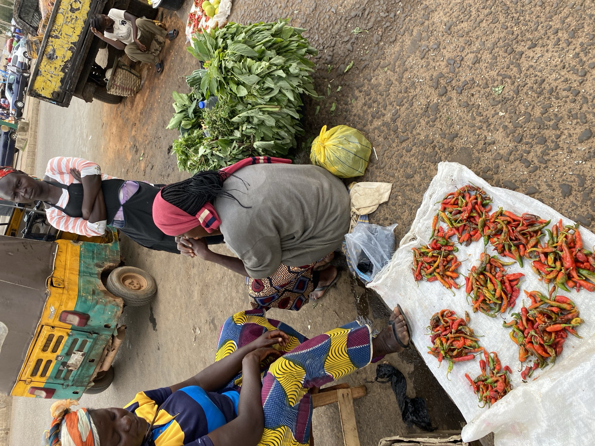 At a street market in Bukuru, Nigeria, several women are engaged in commerce. In the foreground, a woman sits on a stool, her legs adorned with vibrantly patterned cloth. She is looking down. To her right, another woman sits on the ground, also looking down. A large pile of leafy green vegetables is positioned behind them, alongside a yellow plastic bag and a blue water bottle. Scattered across a white tarp are numerous small, red and green chilies. Further back, a third woman stands with her arms crossed, wearing a striped shirt and an apron. Behind her, a yellow and teal motorized tricycle is parked. To the right, a man sits on the ground near a flatbed truck loaded with produce, appearing to be a vendor. The ground is a mix of asphalt and dirt, with some damp patches.