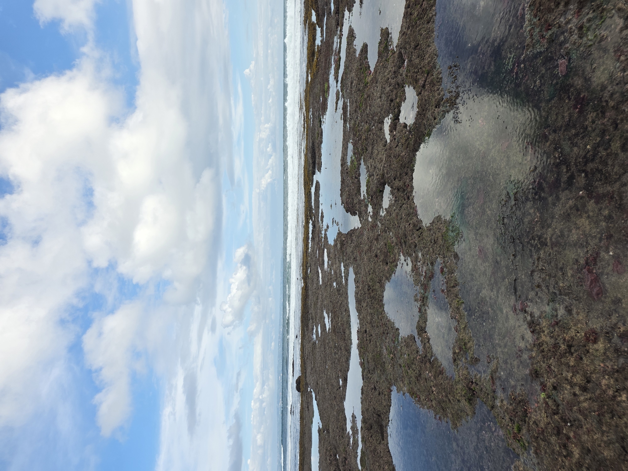 The image shows a rocky beach landscape in North Kuta, Indonesia, viewed from a tilted perspective. The foreground is dominated by dark, algae-covered rocks with shallow pools of water reflecting the sky. The background features the ocean with visible waves and a clear sky with scattered white clouds. There are no people visible in the scene. The interaction between the water, rocks, and sky is the focal point.