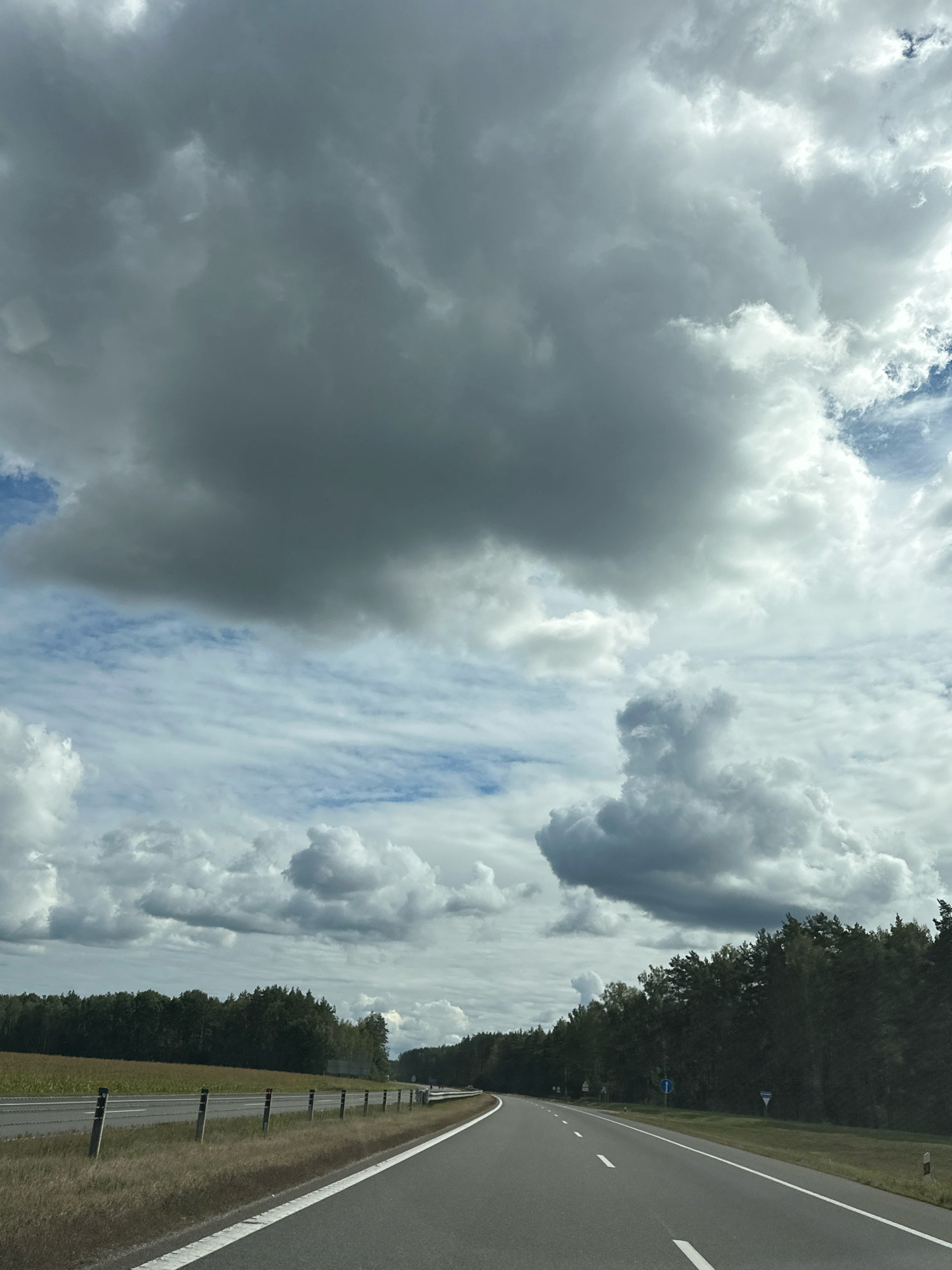 A multi-lane highway with white dashed lines cuts through a rural landscape under a cloudy sky. The road curves gently to the right. On the left side of the road, a field of yellowing crops is bordered by a wire fence with black and white posts. On the right side of the road, a dense forest lines the highway. The sky is filled with a dramatic display of dark gray and white clouds, with patches of blue sky visible. No people or vehicles are clearly visible in the frame, suggesting a moment of calm or a distance view. The scene is set in the countryside of Пухавіцкі сельскі Савет, Belarus.