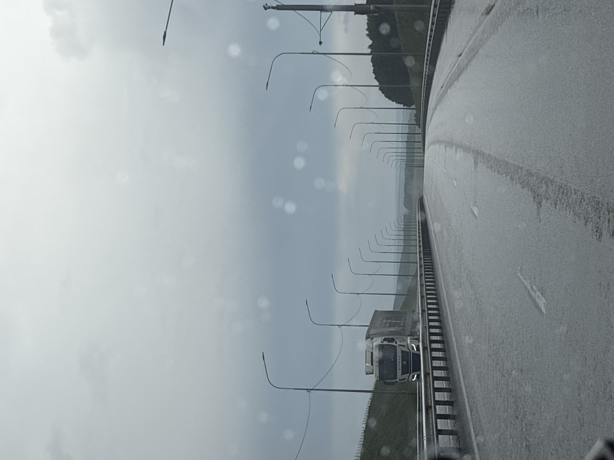 The image captures a somber, rainy day on a multi-lane highway or bridge, possibly in Alexandrovskoye, Russia. The view is taken from a moving vehicle, with numerous water droplets and blurred spots visible on the windshield or camera lens, indicating active rain or recent precipitation.
The wet road surface occupies the right half of the frame, showing streaks and reflections from the muted overhead light. It extends diagonally from the bottom right towards the distant horizon, curving gently. A long, orderly row of streetlights lines the right side of the highway, their curved arms reaching over the lanes, creating a strong sense of depth and perspective as they recede into the overcast distance.
In the mid-ground, a large white truck, likely a semi-trailer, is visible on the highway, traveling in the same direction. Indistinct white text can be seen on its front grille, but it is too blurry to decipher. The background on the left consists of a vast, uniformly gray and cloudy sky, indicating heavily overcast weather. Beneath the sky and beyond the road, a dark, hilly, or forested landscape is faintly visible in the far distance, shrouded in mist or rain.
The overall mood of the scene is subdued and industrial, characteristic of travel during inclement weather. The time of day appears to be daytime, though the heavy cloud cover gives it a dim, twilight-like appearance.