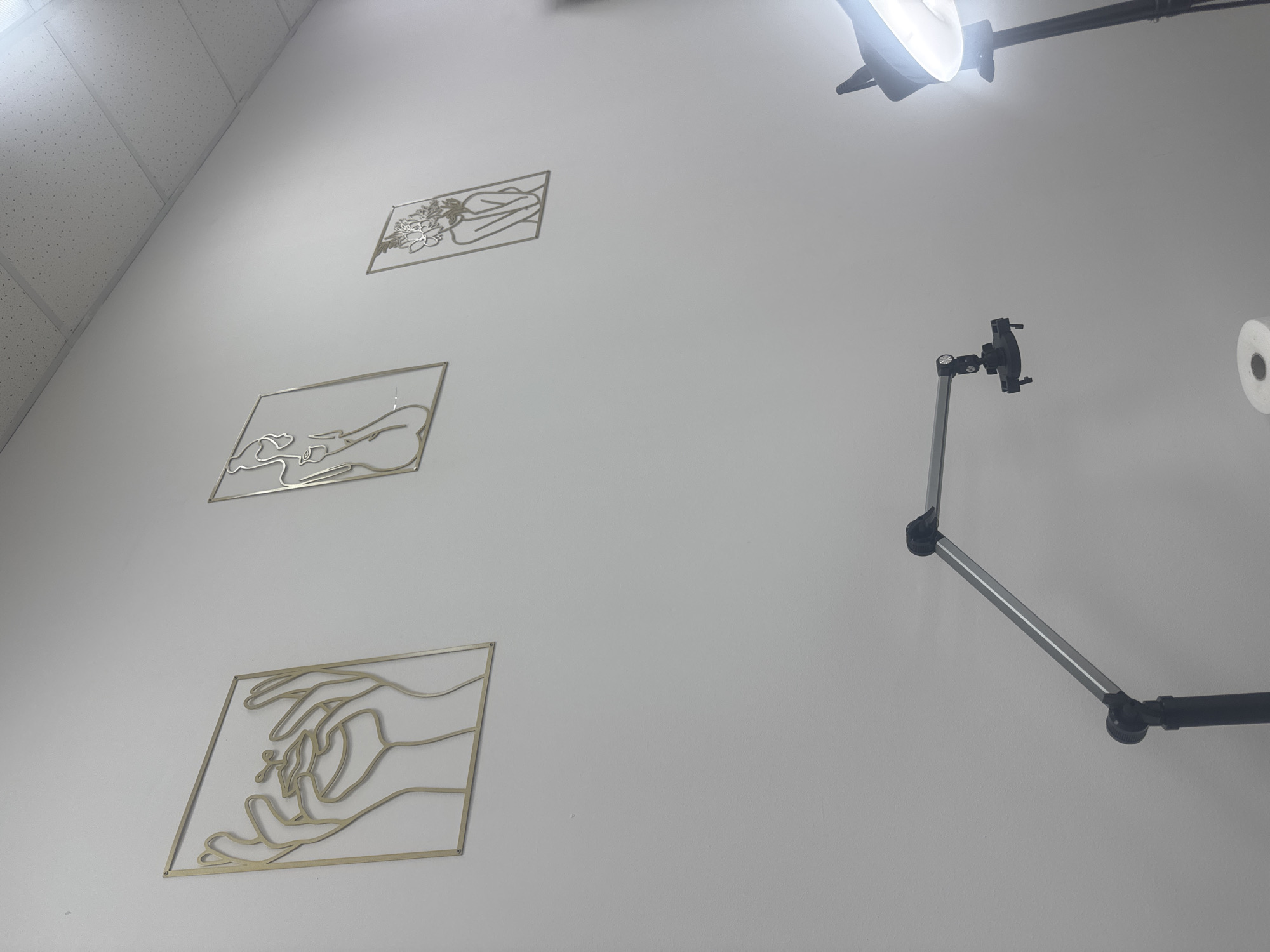 The image shows a white wall with three minimalist gold line art pieces depicting abstract human figures. The figures are framed within square or rectangular outlines. One piece shows hands cupping lips, another depicts a woman's profile, and the third shows a woman with flowers. Below the art, a black adjustable lamp arm extends from a base, and to the right, a black stand supports a bright light fixture. A roll of toilet paper is visible on the floor in the lower right corner. The ceiling appears to be a drop ceiling with acoustic tiles. The overall impression is of a clean, modern space, possibly a studio or a salon. This scene is located in Komsomolsk-on-Amur, Russia.