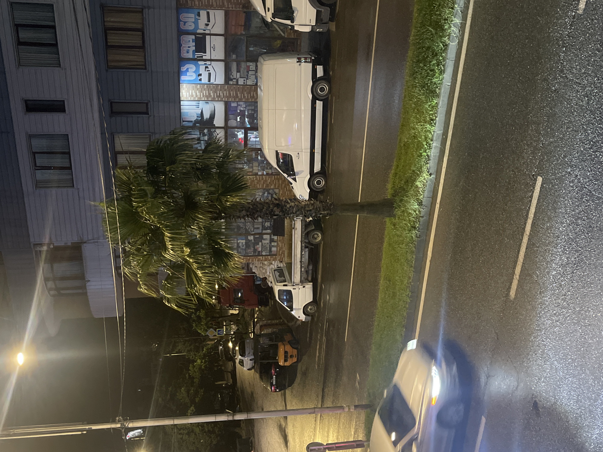 The image captures a street scene at night in Batumi, Georgia, likely on a road that runs parallel to the Black Sea coast. The wet asphalt street reflects the light from street lamps and vehicle headlights, indicating recent rain. On the right side of the road, a multi-story building with blue siding features large windows displaying various images, possibly advertisements for furniture or appliances, with Georgian text visible. A tall palm tree stands in front of the building.
Several vehicles are present on the street. A white van is parked to the right, with a white truck parked next to it on the far right, its front end visible. To the left of the white van, a light-colored flatbed truck is parked. In the middle ground, a black car is stopped, with an orange forklift positioned behind it, suggesting a loading or unloading operation. Further back, a red truck is visible, and a white car is parked on the left side of the street. In the foreground, the headlights of a moving white car illuminate the wet road. The overall impression is a typical urban street scene in Batumi at night, with an active commercial area and traffic.