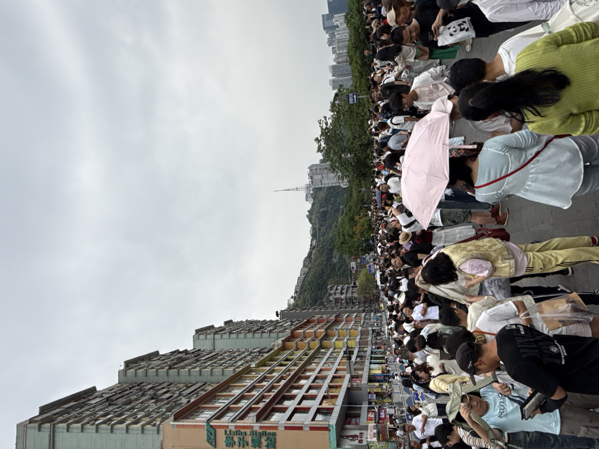 The image, originally rotated, depicts a bustling urban scene under an overcast sky, filled with a massive crowd of people. When viewed correctly, the perspective is from an elevated position, looking down slightly on a street or platform.
In the foreground and extending throughout the middle ground, an exceptionally dense crowd of people occupies the space. They are mostly facing towards the right, suggesting they are observing something or waiting in a queue. Many are casually dressed, and some individuals hold phones, possibly taking photos. A person in the mid-ground holds a pink umbrella, while another carries a white bag with a panda design.
To the left of the image, a distinctive multi-story building complex stands prominently. It features a mix of grey concrete sections and colorful facades in shades of red, orange, and yellow. Clearly visible on a lower section of this building are the words "Liziba Station" in English and "李子坝站" in Chinese characters.
On the right side, a verdant, tree-covered hillside rises, dotted with more residential and commercial buildings. Further in the background, a cluster of modern high-rise buildings is visible, characteristic of a dense urban metropolis. A slender, tall spire or tower can be seen in the distant skyline, against the backdrop of the grey, overcast sky. A blue informational sign with a white arrow pointing right and some Chinese characters is present on the hillside, amidst the trees and buildings.
The scene portrays a busy day in an urban environment, likely a popular tourist destination or transportation hub, given the sheer number of people and the "Liziba Station" signage, which is famous in Chongqing, China, for its unique monorail station. The overcast sky suggests a mild or cooler day with diffused light.