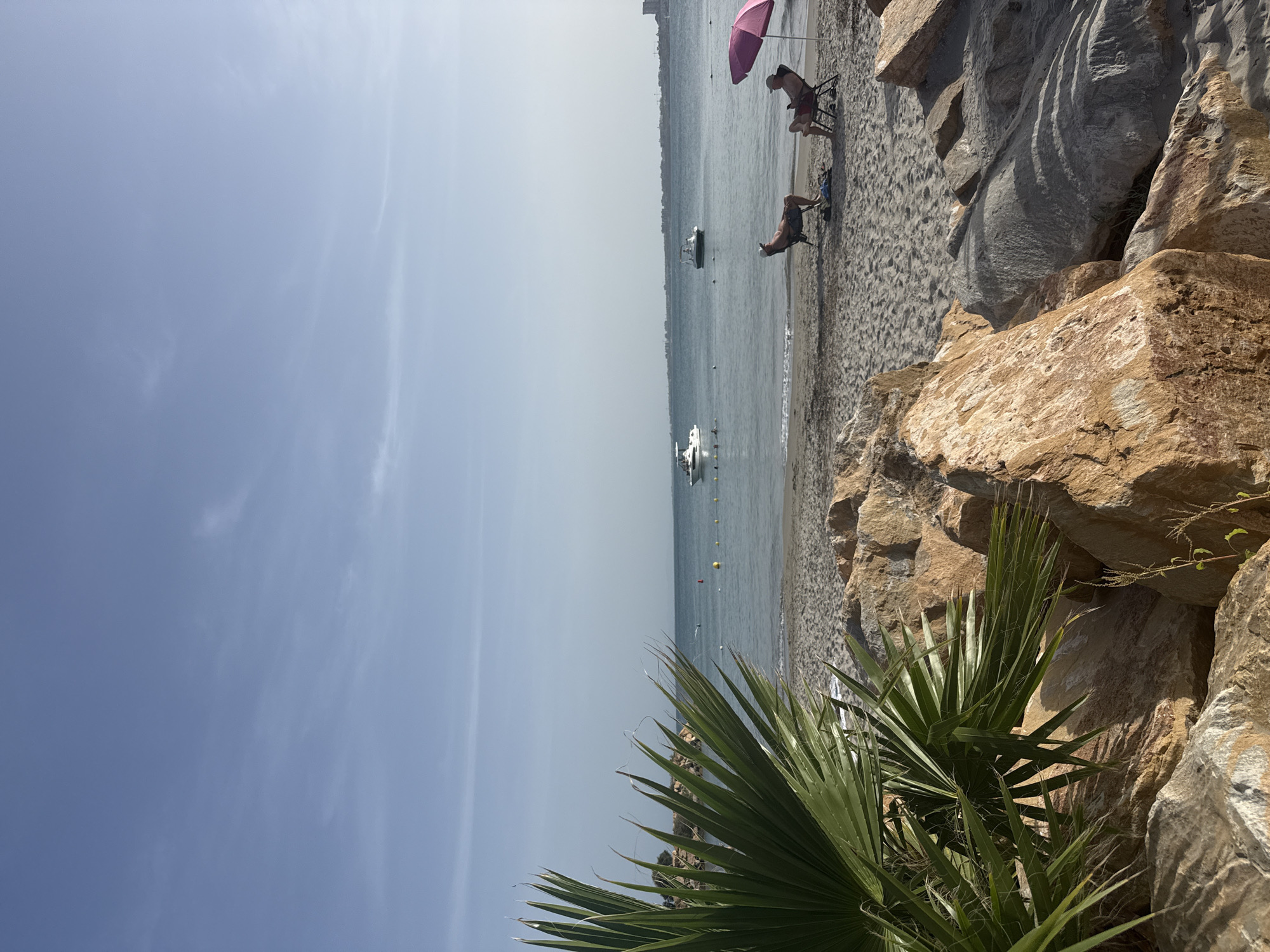 This image depicts a serene beach scene on a clear day. In the foreground, large, weathered rocks are prominently featured, with a large palm frond extending from the left side of the frame, partially obscuring the view. Beyond the rocks lies a sandy beach. Further out, the calm sea is dotted with several small boats, and a distant shoreline with buildings is visible. On the beach, two individuals are relaxing in beach chairs under a pink umbrella. One individual is looking at their phone, while the other appears to be resting. A dog stands near the chairs. The sky is a light blue with a few wispy clouds. The lighting suggests it is daytime, likely late morning or early afternoon.