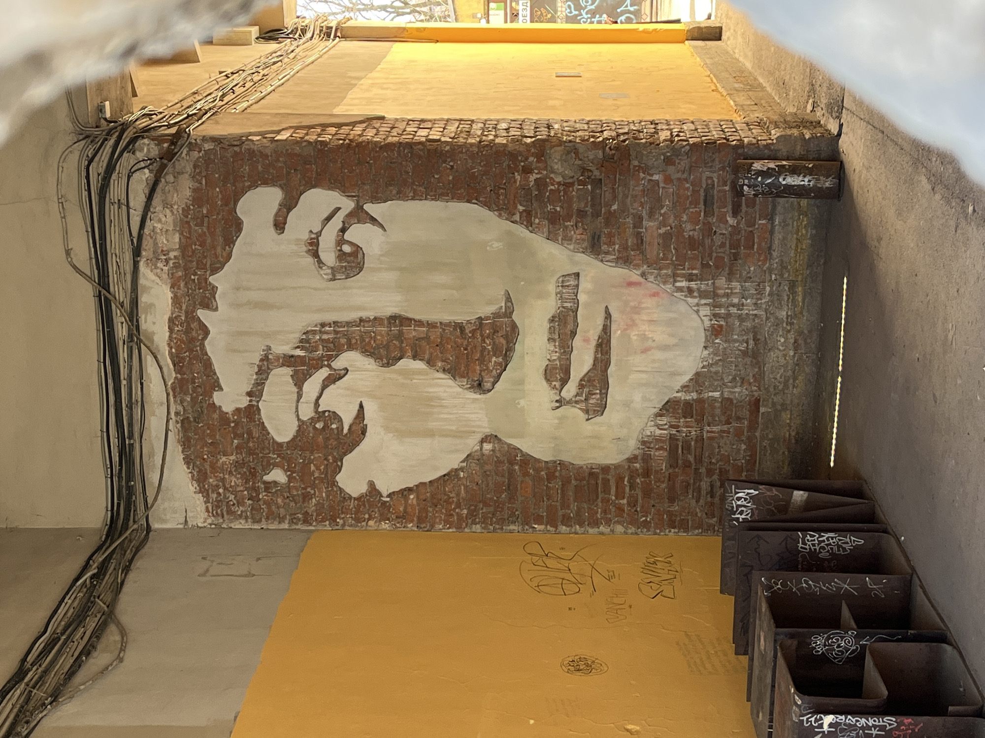 The image depicts an urban passageway or courtyard in Saint Petersburg, Russia, near Ostrovsky Square. The central feature is a large-scale mural on a corner wall, rendering a human face in negative space. This artwork is created by stripping light-colored plaster to reveal red brickwork, forming the features of prominent eyes, a nose, and lips.
To the left of the mural, the wall is painted a solid yellow, displaying black graffiti markings. The wall to the right is also yellow and is brightly illuminated by sunlight entering the passageway. The upper sections of the walls and the overhead ceiling are light beige or off-white, with numerous bundled black and grey electrical cables running along the junctions and overhead.
In the foreground, a series of six rusted, dark brown, U-shaped metal structures are aligned along the left side of the concrete or asphalt pavement, each marked with white and black graffiti. A single rusted cylindrical metal bollard, also covered in graffiti, stands near the right wall. Strong direct sunlight casts defined shadows from these objects onto the ground. Beyond the passageway, an open area is visible, with distant trees and a partial view of a green metal gate displaying white Cyrillic text and additional graffiti. No individuals are present in the scene.