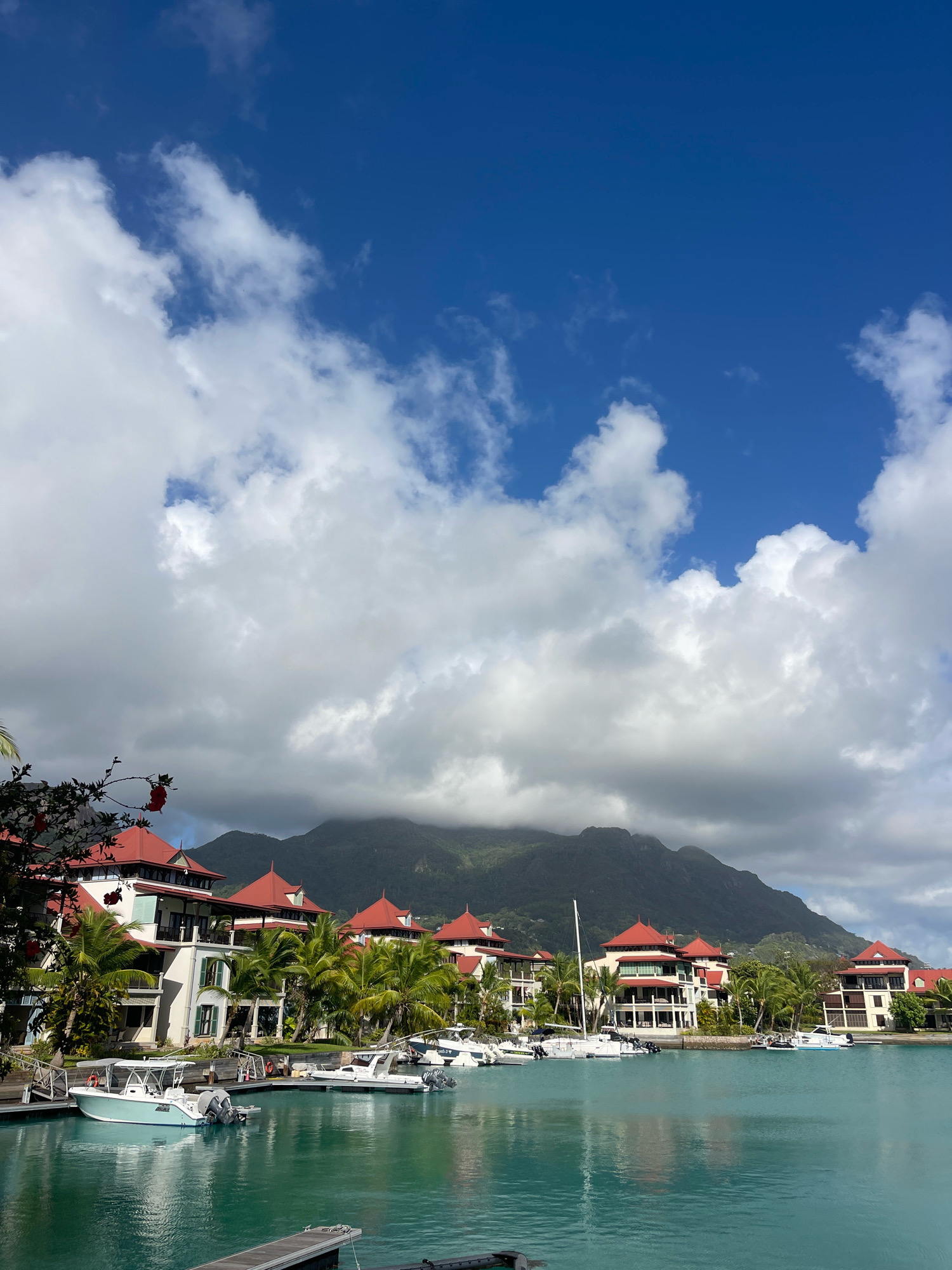 The image depicts a serene waterfront scene in Providence, Seychelles, with a line of multi-story buildings featuring red-tiled roofs and white facades. Lush palm trees are interspersed between the buildings and along the waterfront. Several boats are docked in the turquoise water, including a light blue speedboat in the foreground. In the background, a mountain range is visible, partially obscured by clouds. The sky is a vibrant blue with scattered white clouds. The scene conveys a sense of tropical tranquility and resort-style living.