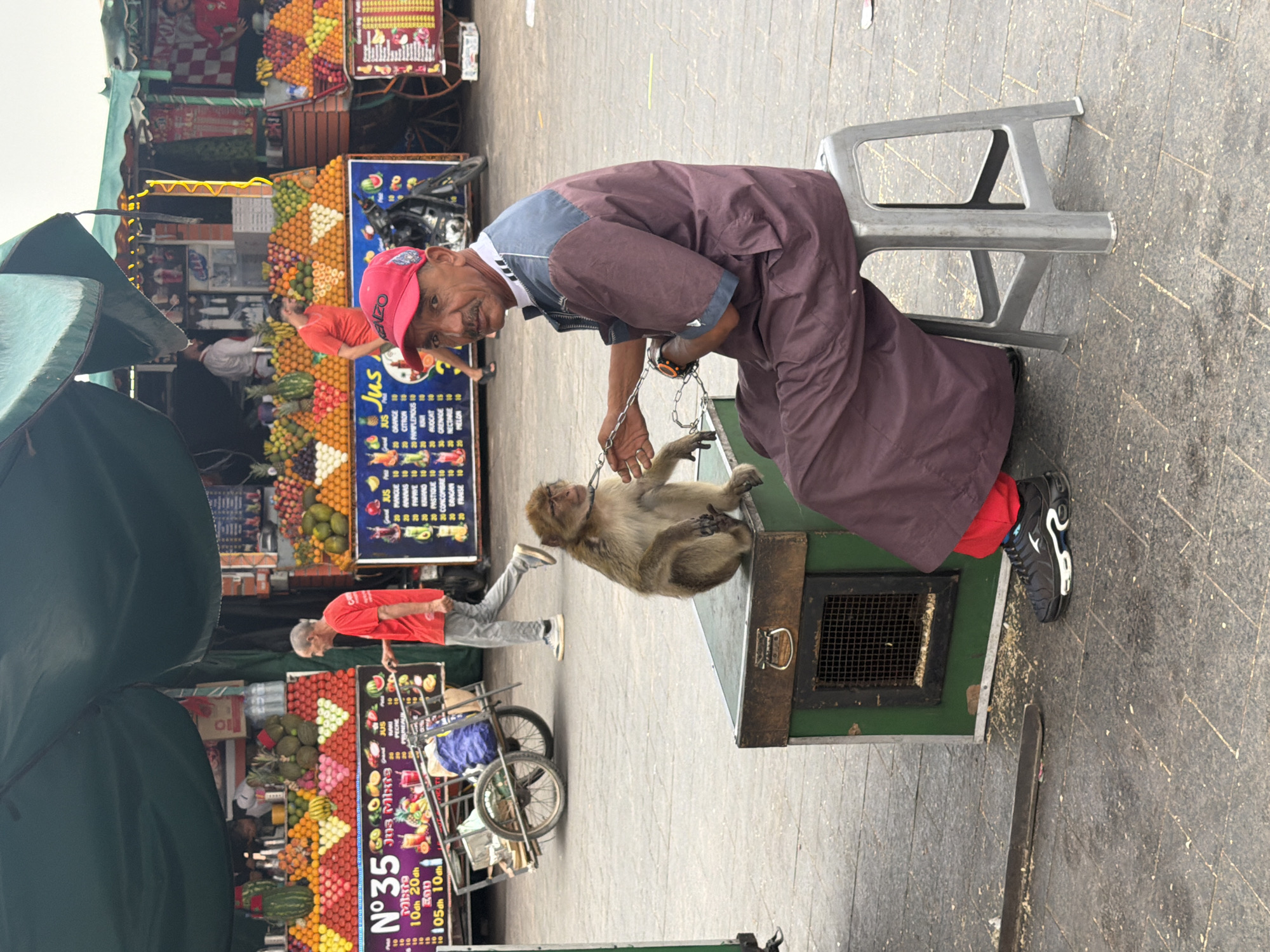This image captures a scene in the Jemaa el-Fna square in Marrakesh, Morocco. In the foreground, a man wearing a red cap and a maroon traditional garment sits on a grey plastic stool. He is holding a chain attached to a monkey, which is perched on a green metal box. The monkey is facing to the left, its body partially obscured by the man. Behind them, a vibrant fruit stand displays an array of colorful fruits, including watermelons, oranges, and other produce. Several other people are visible in the background, including a man in a red shirt walking past a cart. The ground is paved with stone tiles, and the scene is illuminated by daylight.